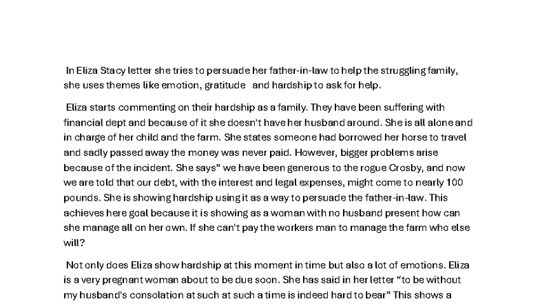 Eliza Stacy's Letter: Persuasion Through Emotion & Hardship - Studocu