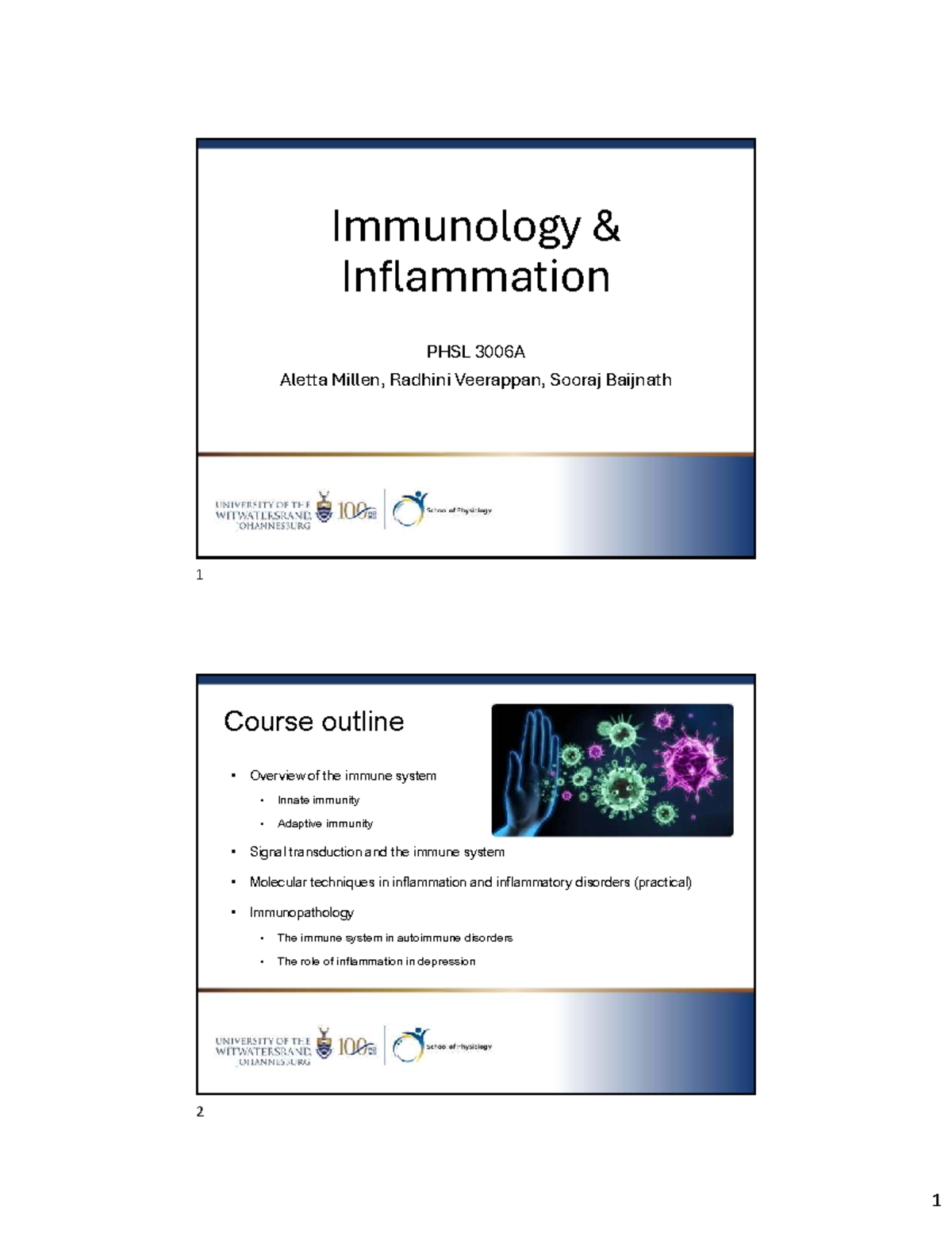 PHSL 3006A Immunology & Inflammation Course Outline - Studocu