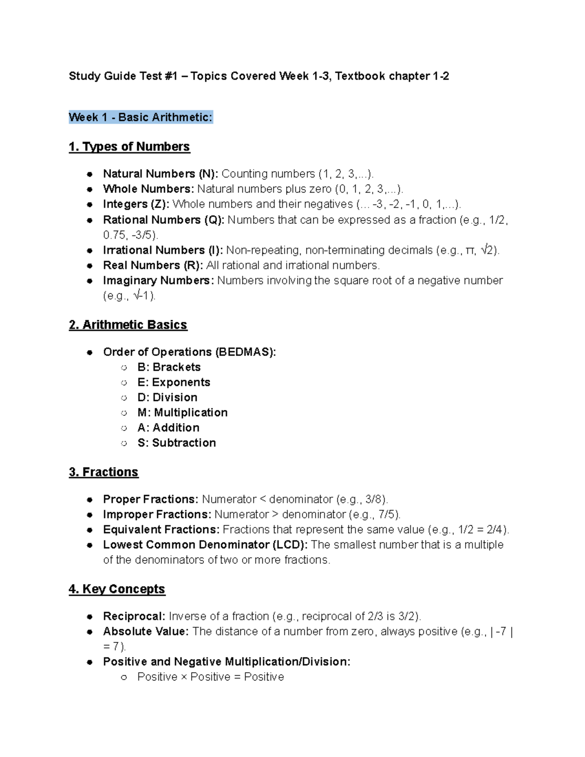 Test #1 Study Guide: Basic Arithmetic & Algebra Concepts - Studocu