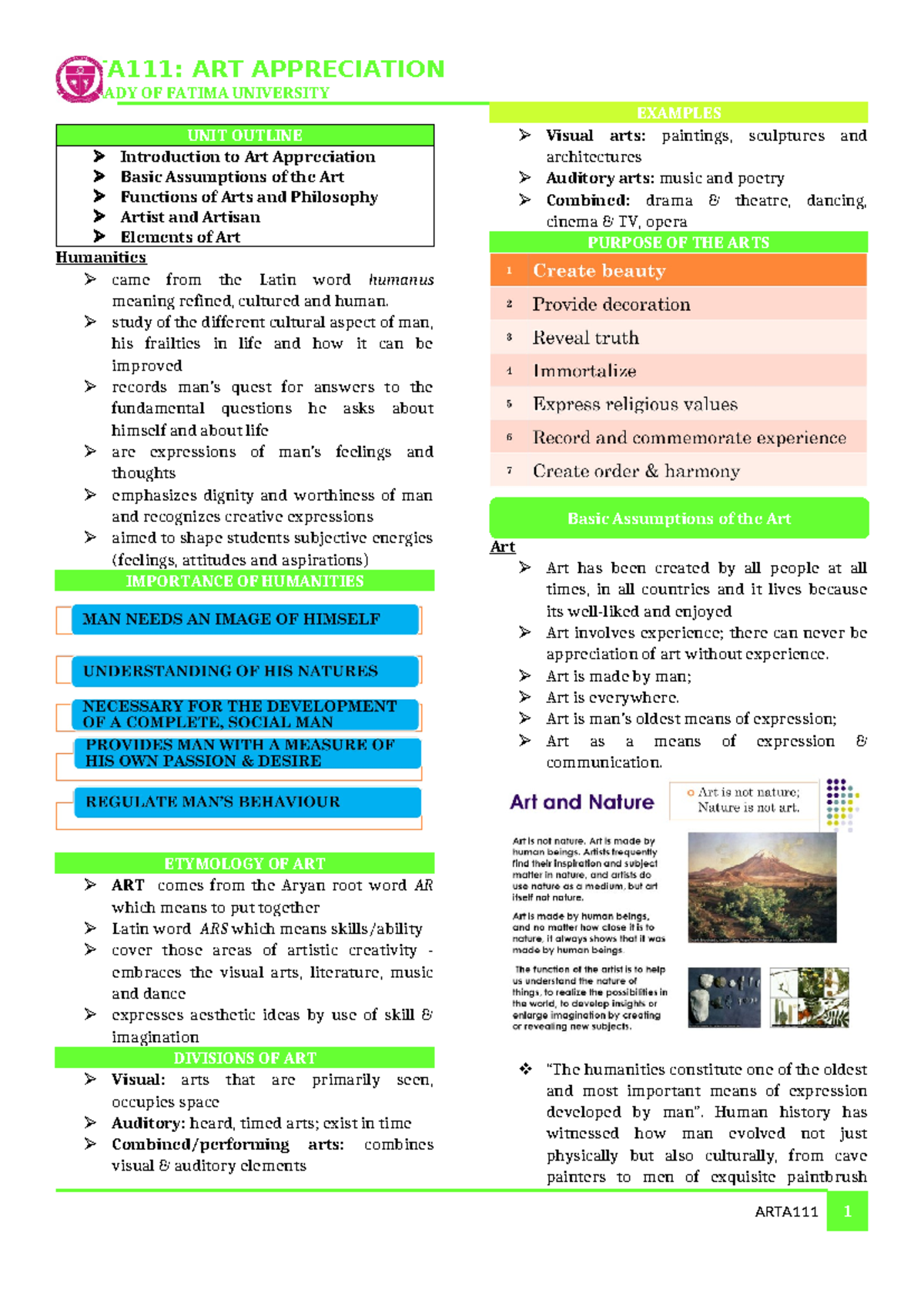 ARTA111 - Prelims Notes on Art Appreciation and Humanities - Studocu