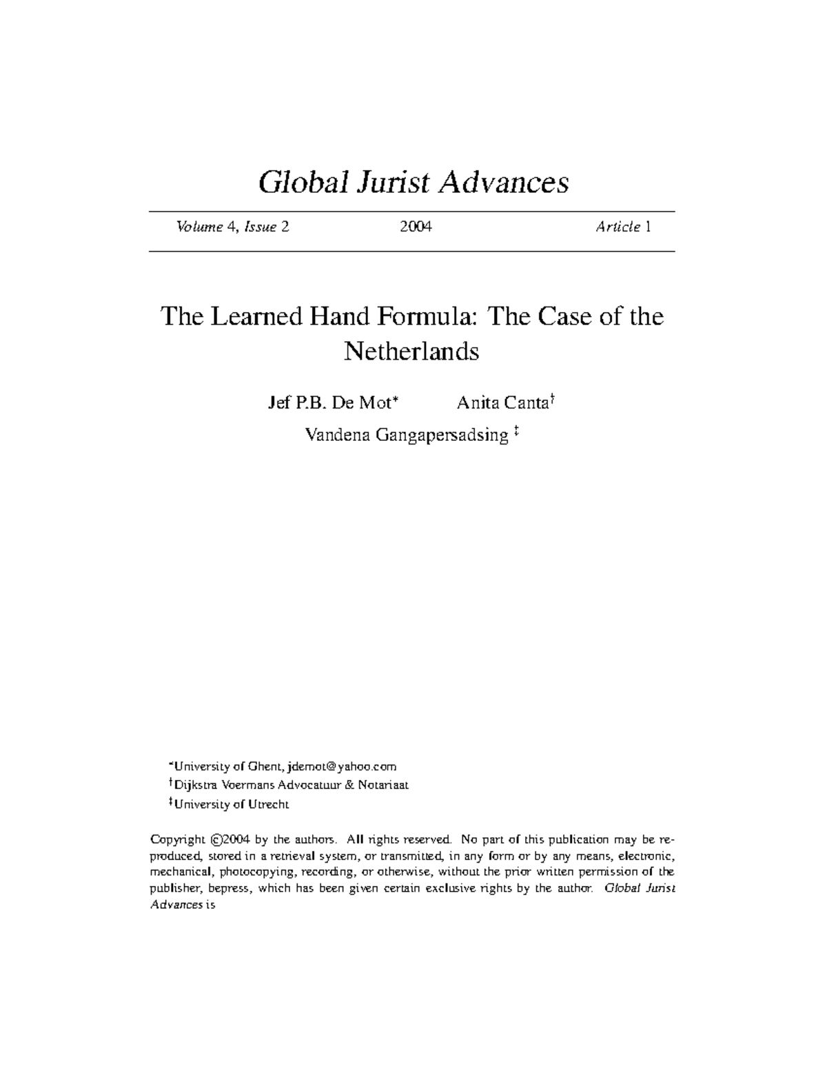 The Learned Hand Formula in Dutch Tort Law: An Analytical Study ...