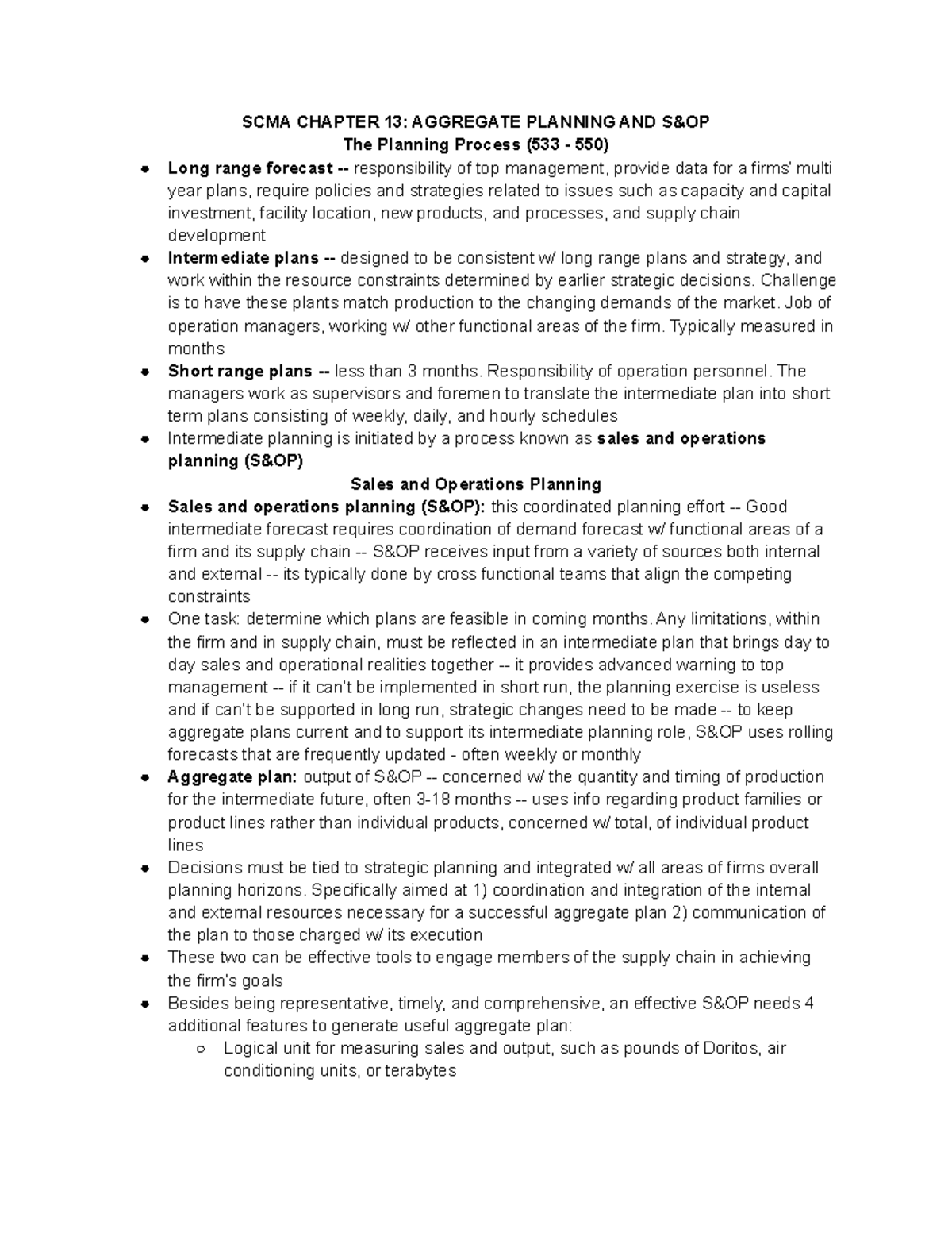 SCMA 331 Aggregate Planning & S&OP Chapter 13 Study Notes - Studocu