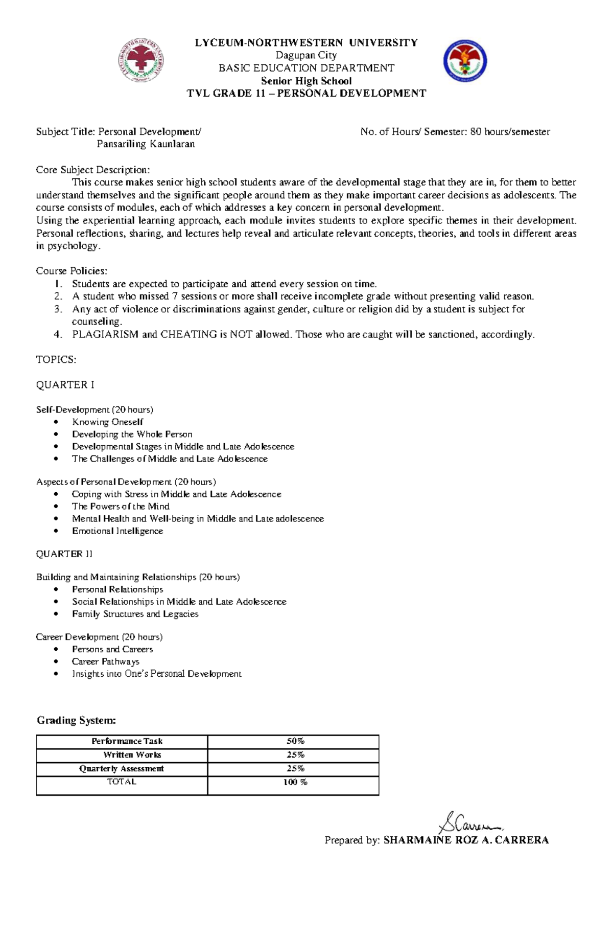Course Syllabus Personal Development - LYCEUM-NORTHWESTERN UNIVERSITY ...