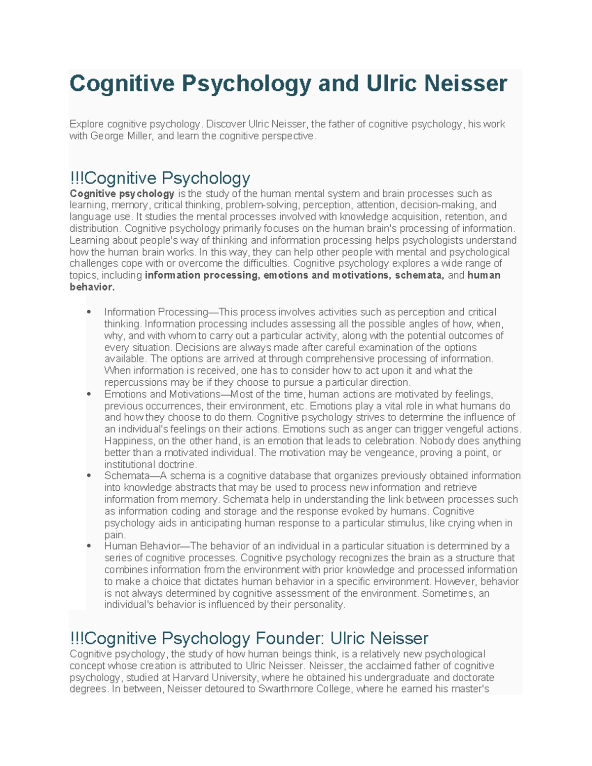Cognitive Psychology Overview: Ulric Neisser's Contributions and ...