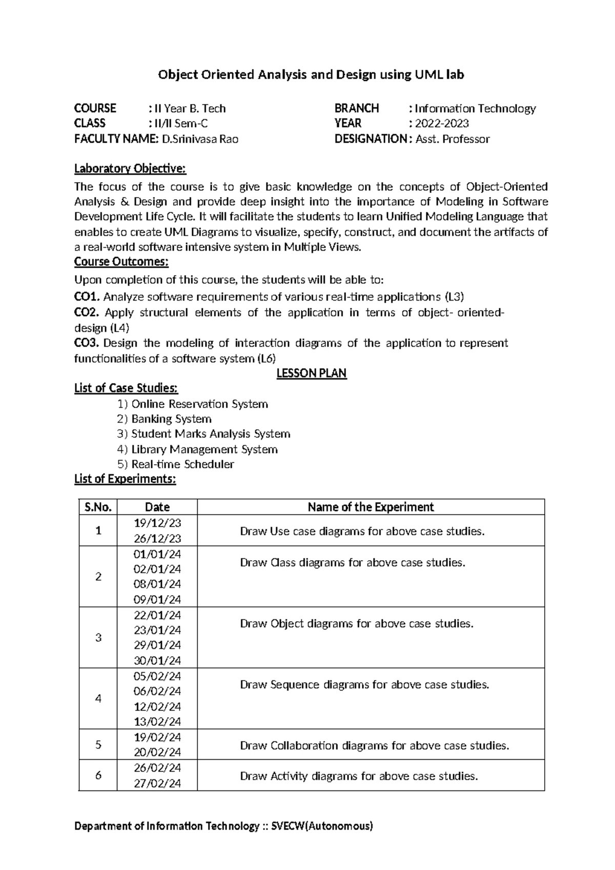 OOAD Lab Lesson Plan - II Year B. Tech IT - Studocu