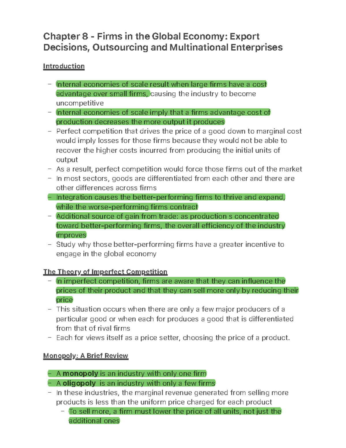 Chapter 8 - Global Economy Dynamics: Export Choices & Outsourcing - Studocu