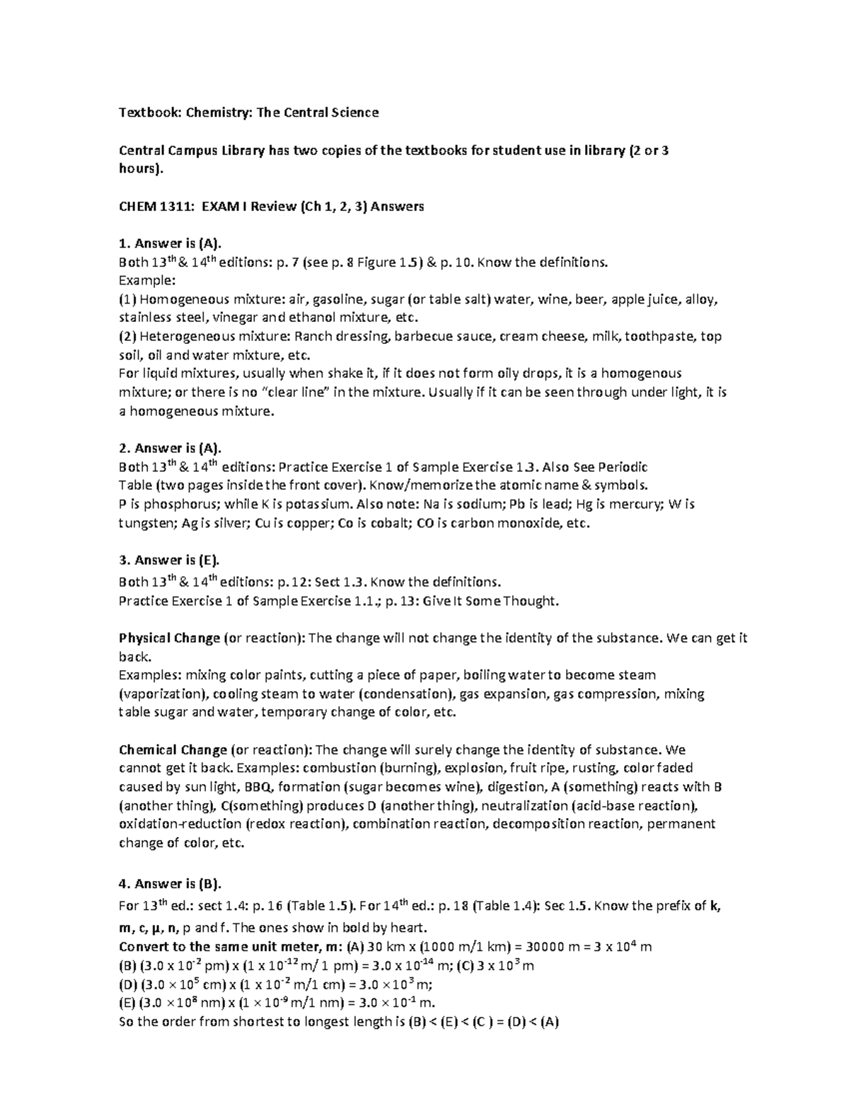 Practice CHEM 1311: Exam I Review Answers and Explanations - Studocu