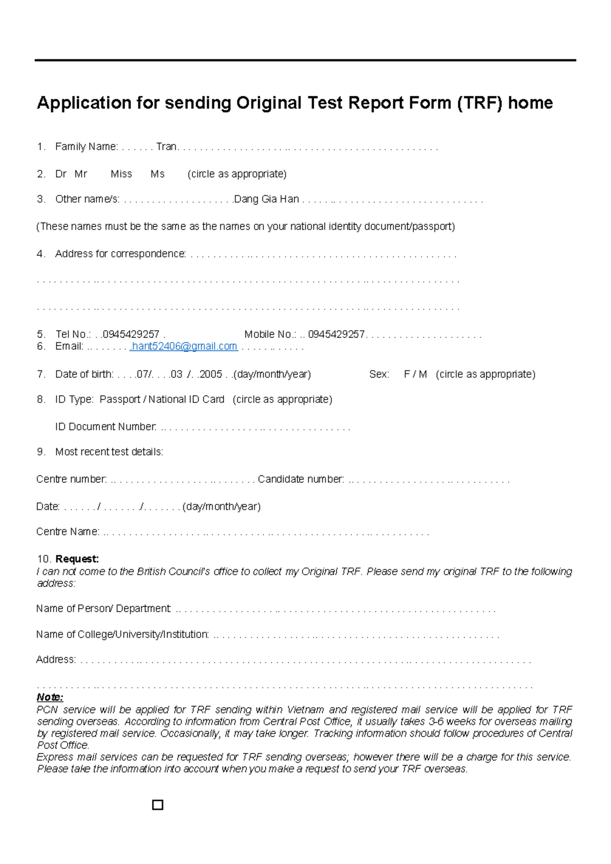 Original trf form - Zaaaa - Application for sending Original Test ...