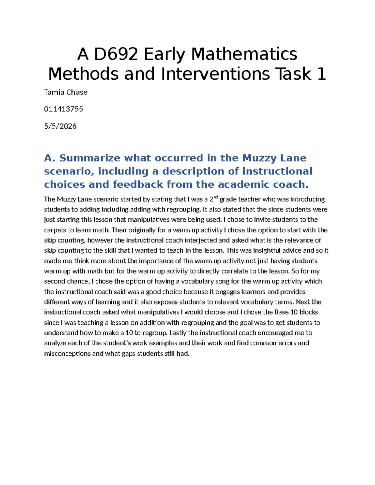 D692 Early Math Methods & Interventions Task 1 Reflection - Studocu