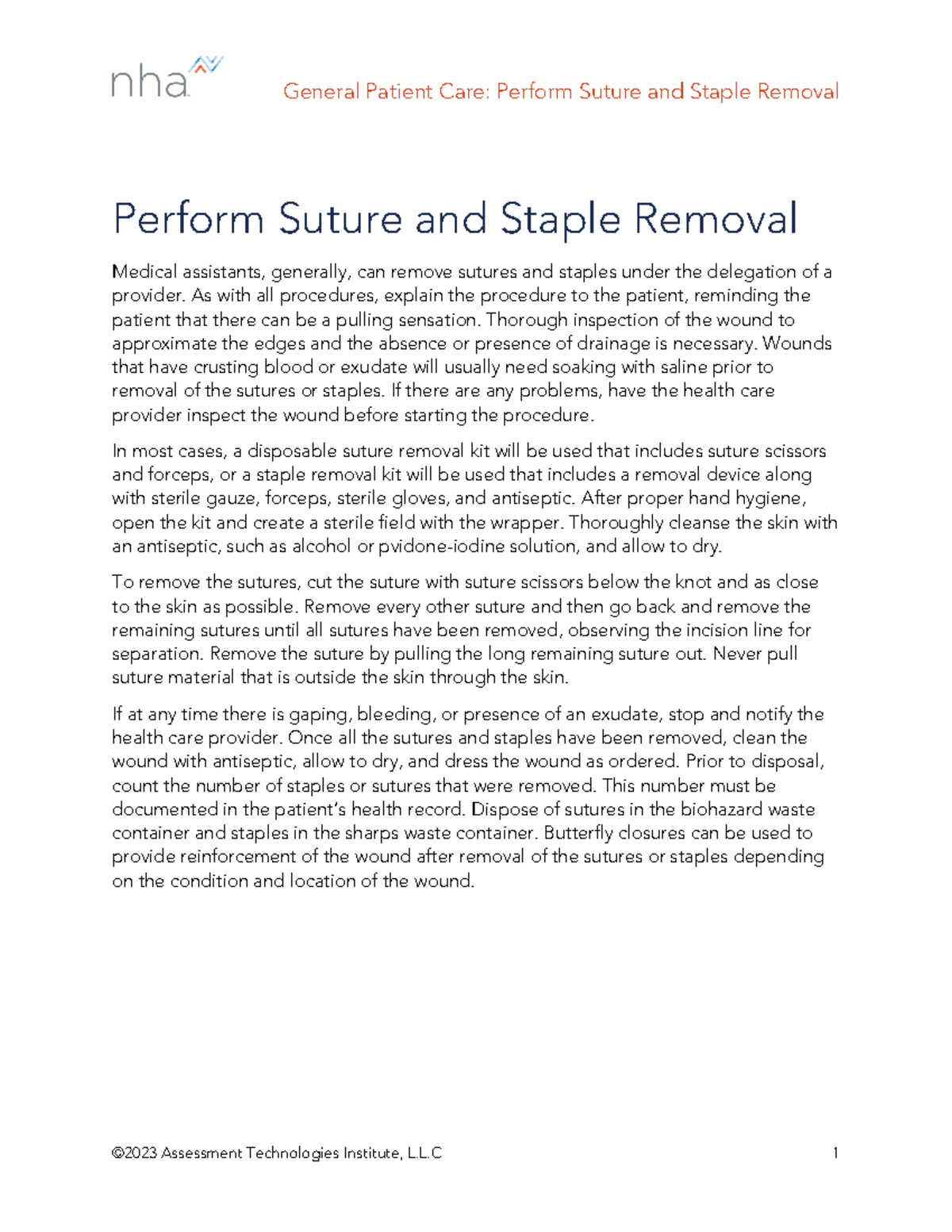 General Patient Care: Suture & Staple Removal Instructions (2023) - Studocu