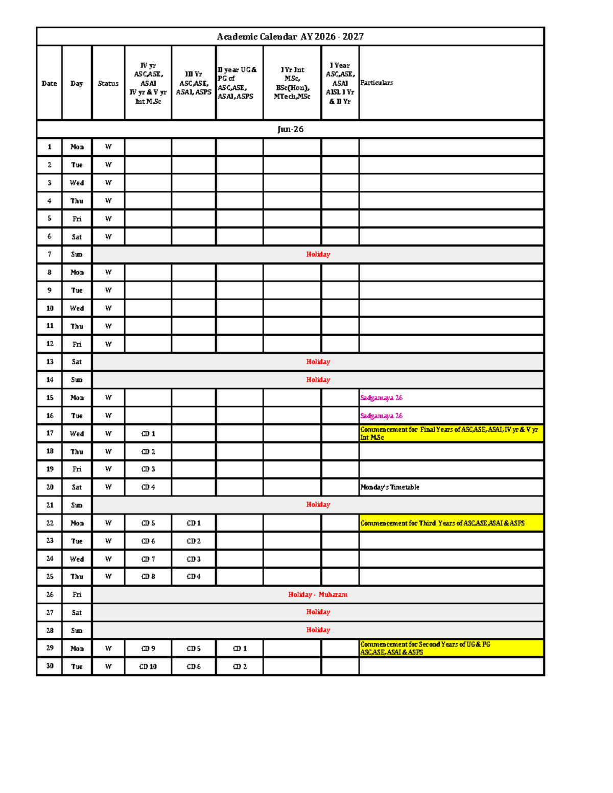 Academic Calendar AY 2026-2027 for ASC, ASE, ASAI, and PG Programs ...