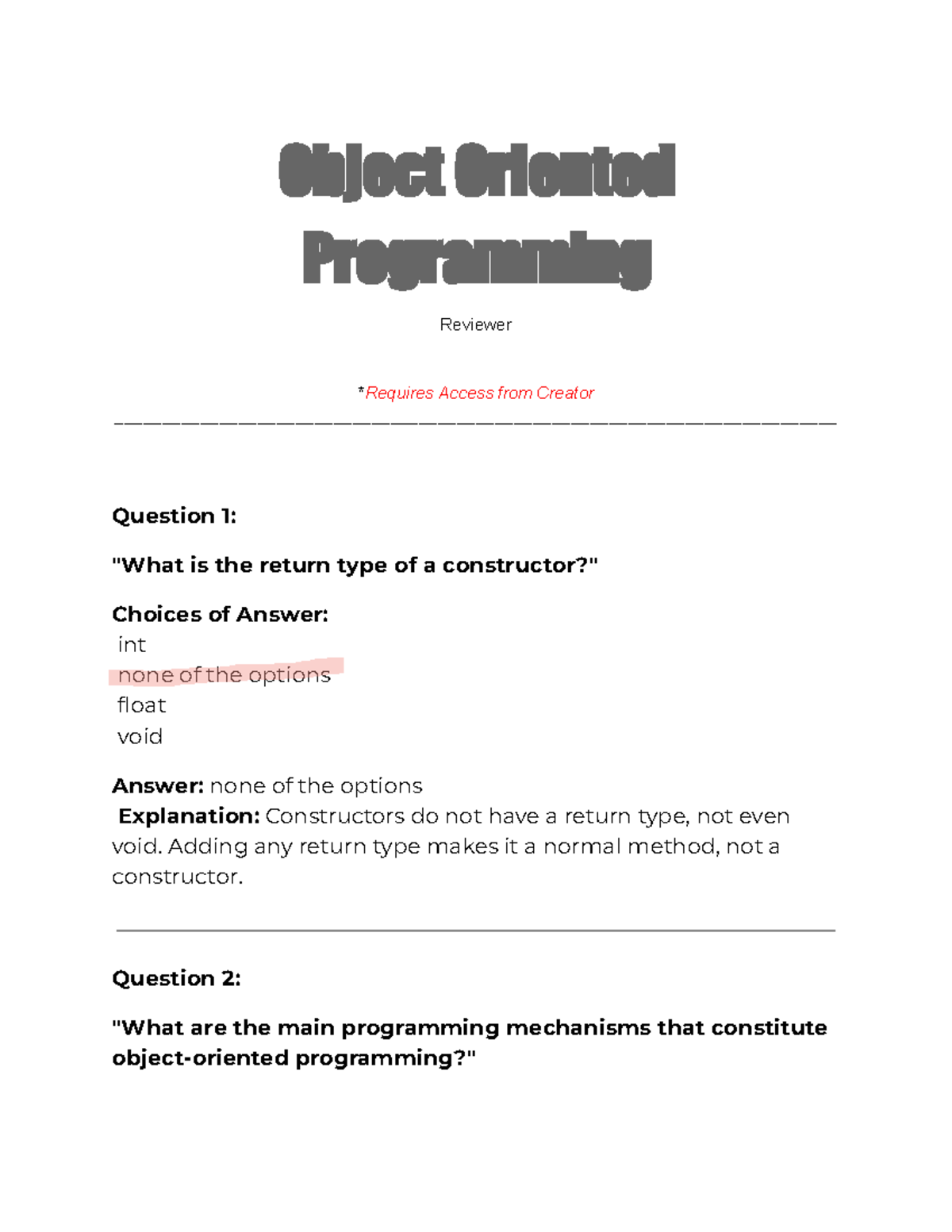 Object Oriented Programming (OOP) Reviewer - Key Concepts & Questions ...