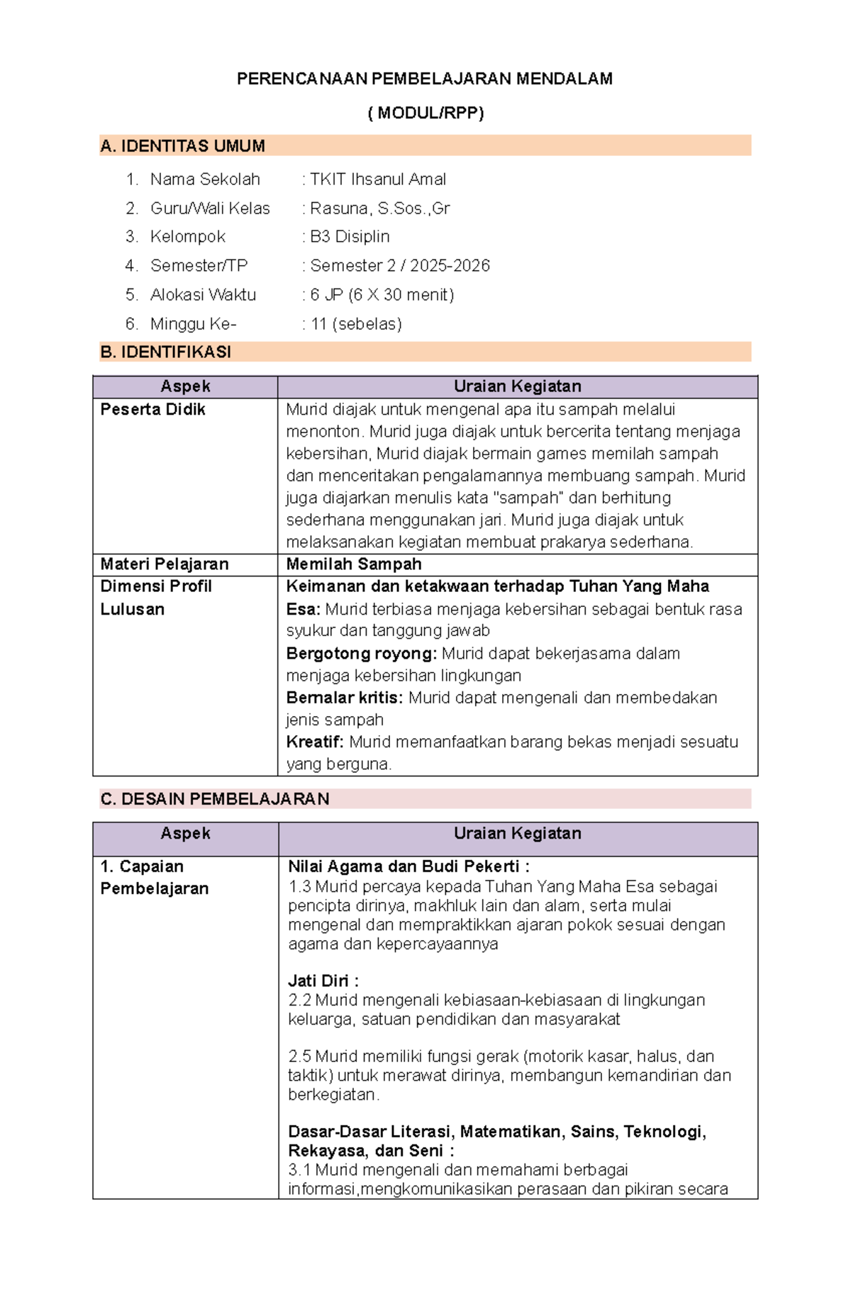 Modul 11: Pembelajaran Memilah Sampah untuk Kelas B3 - Document Preview