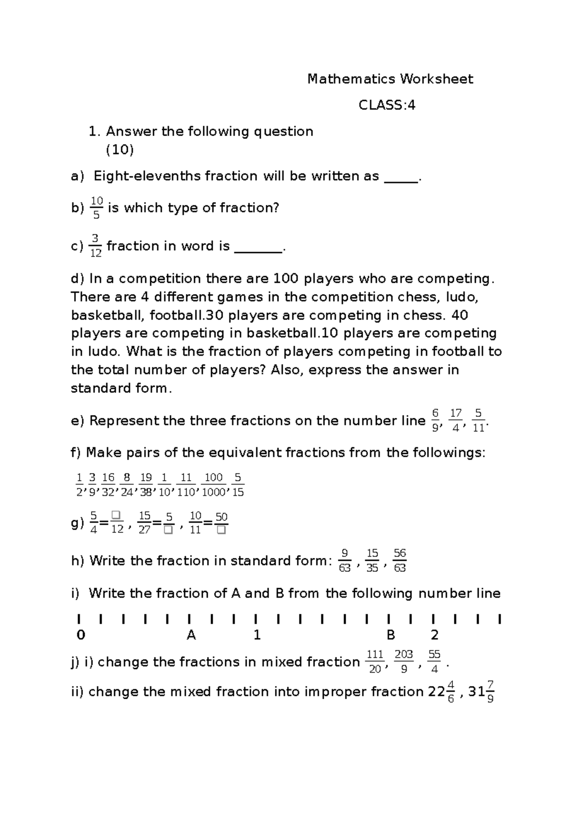 Mathematics Worksheet for Class 4: Fractions and Competitions - Studocu