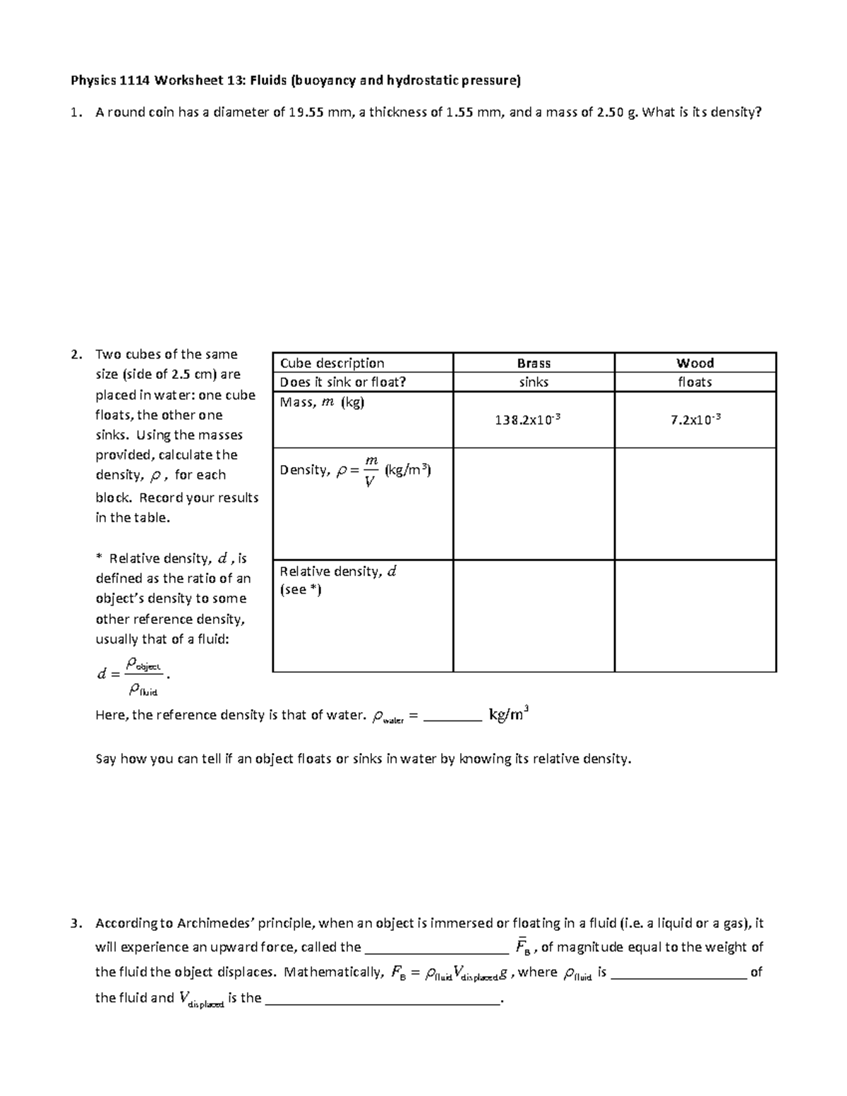 Physics 1114 Worksheet 13: Fluids and Buoyancy - Studocu