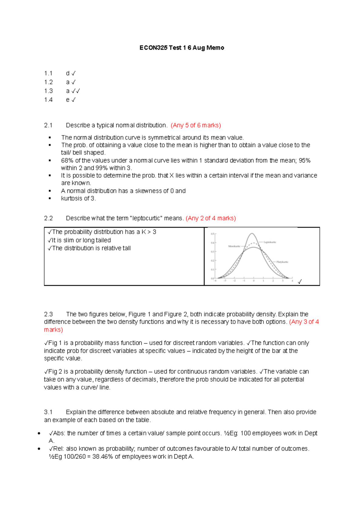 ECON 325 Test 1 Memo - Summary of Key Concepts and Answers - Studocu