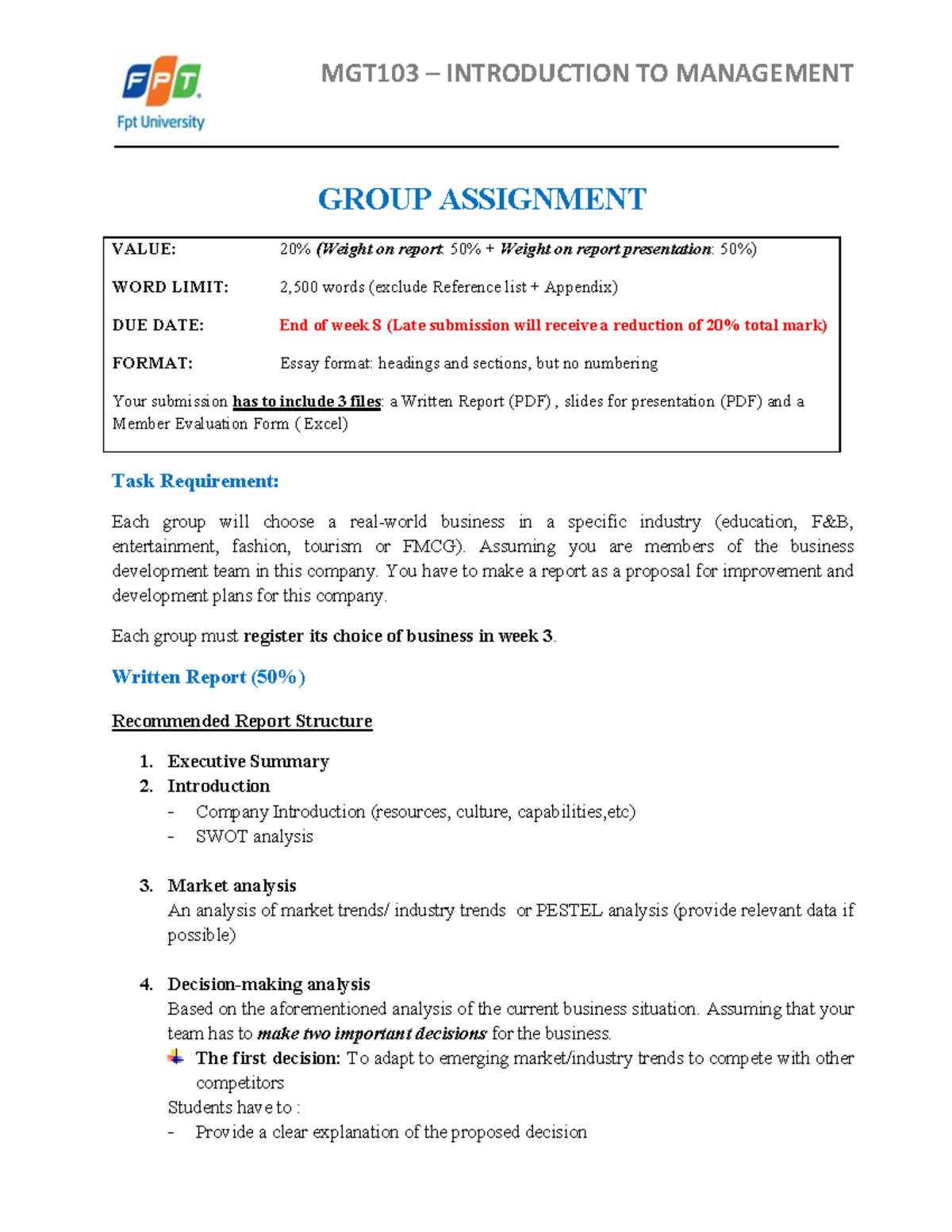 MGT103 Group Assignment: Business Development Proposal Report - Studocu
