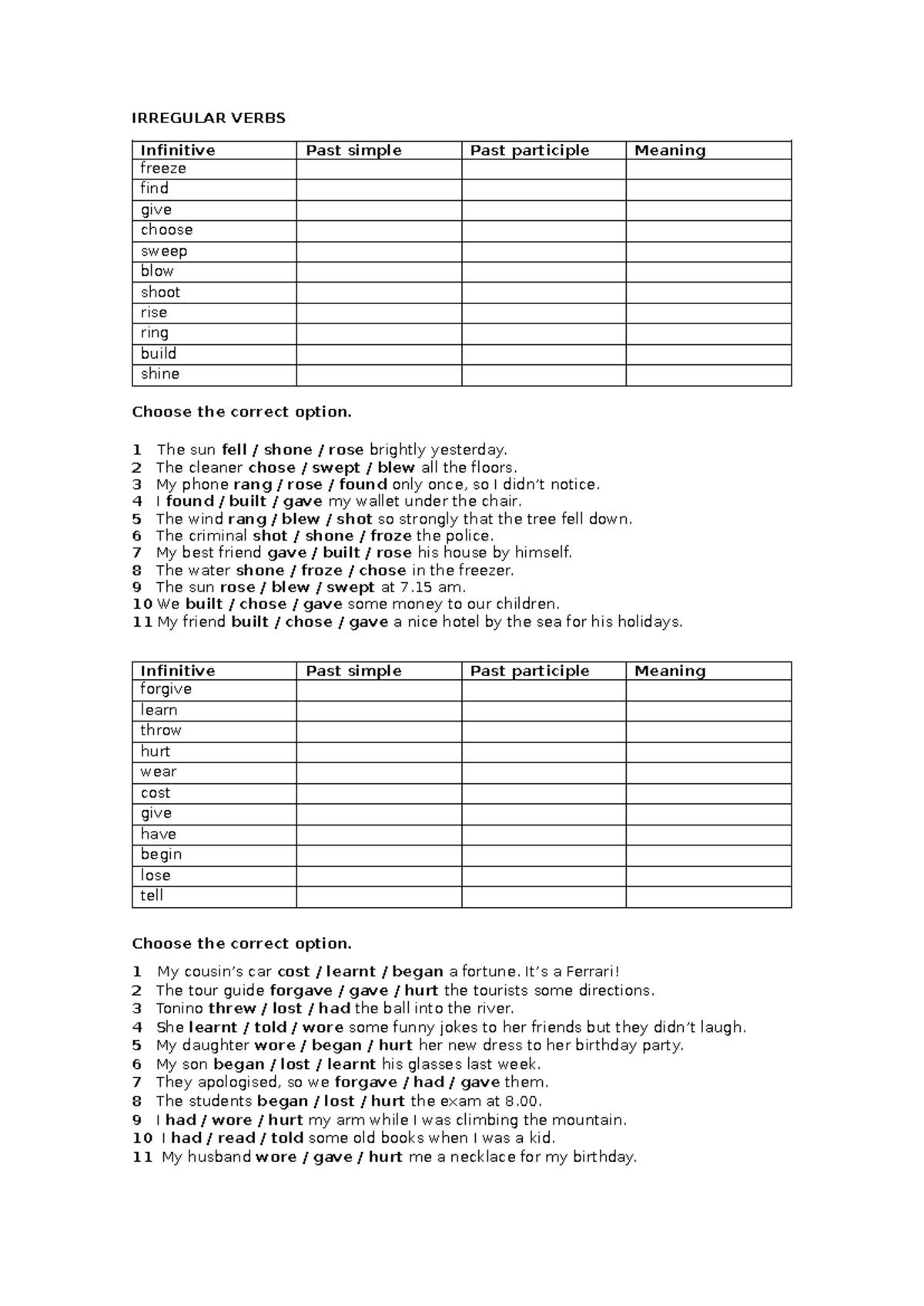 IRREGULAR VERBS: Infinitive, Past Simple & Past Participle Exercises ...