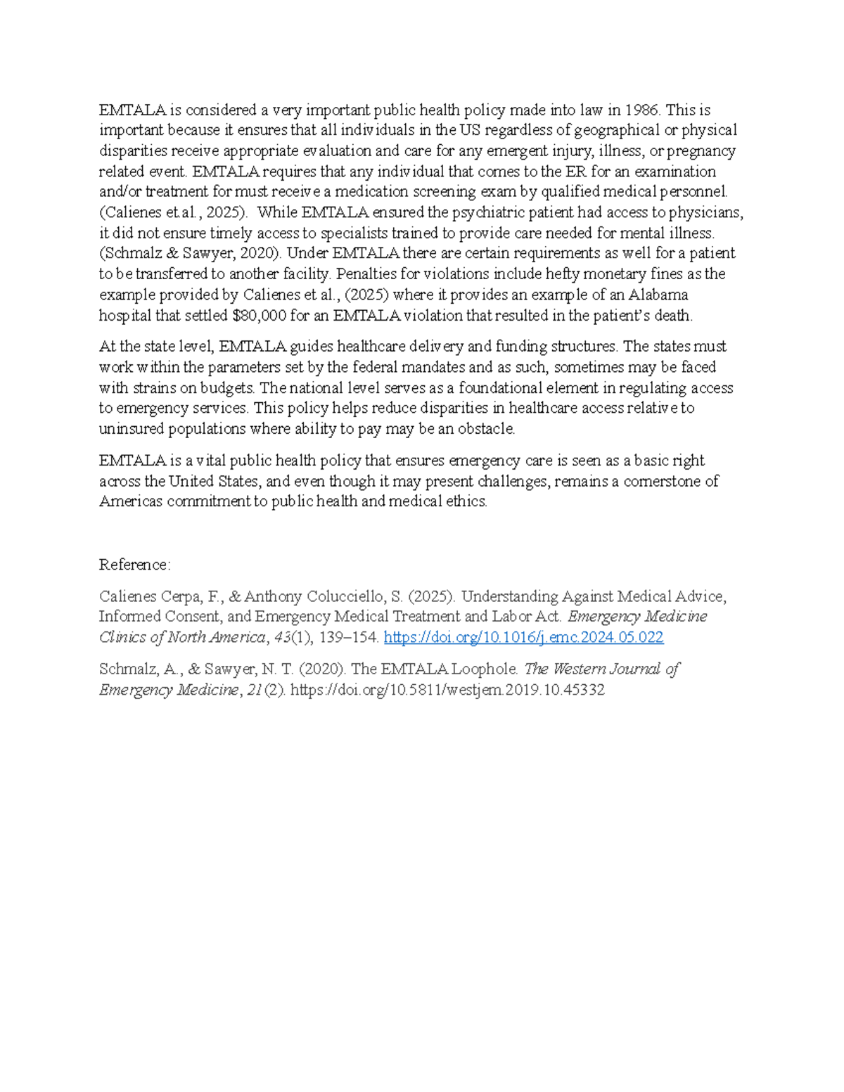 Emtala - Discussion post on emergency medical treatment policy - Studocu