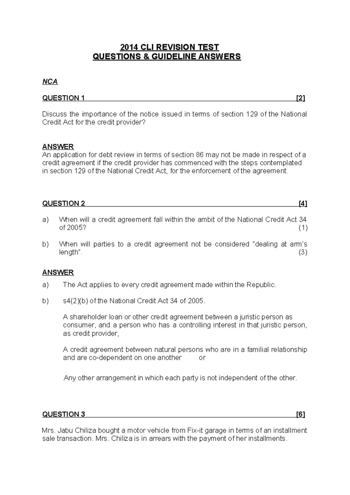 2014 CLI Revision Test: Key Questions and Answers on Credit Law - Studocu