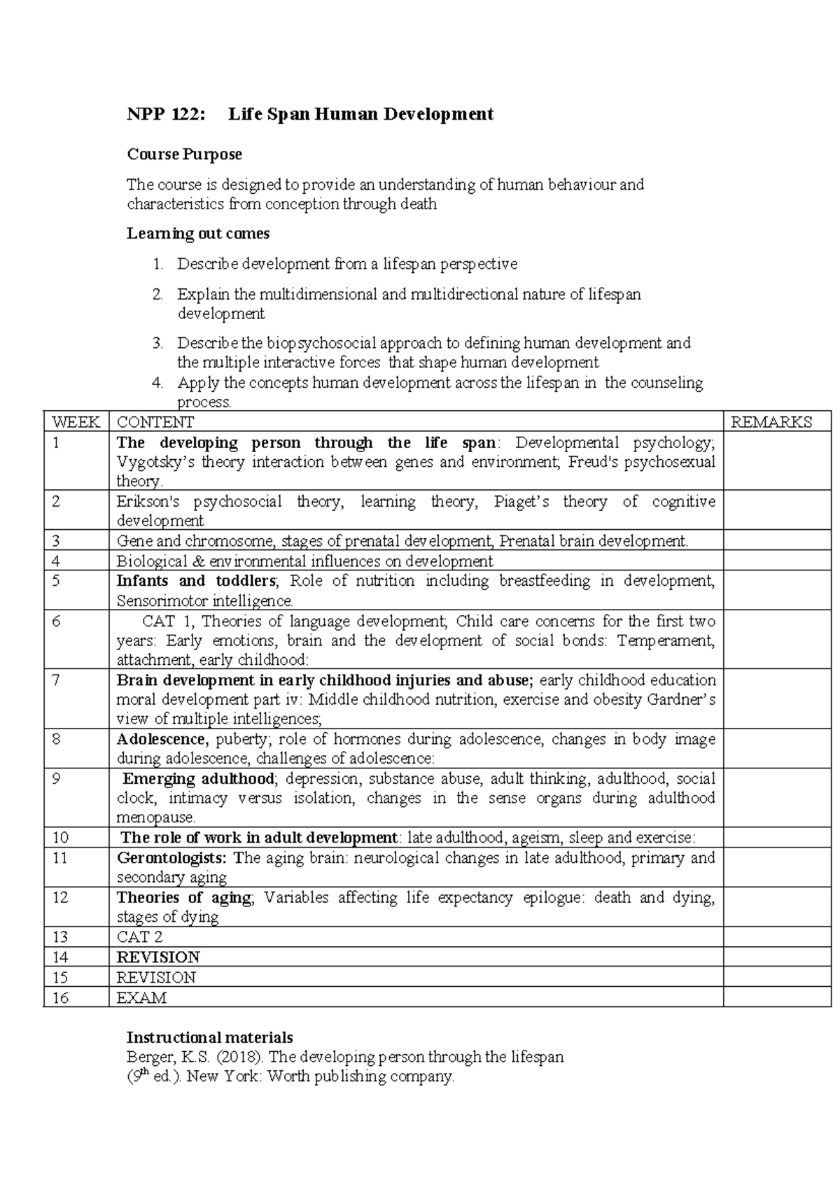 NPP 122 Course Outline: Lifespan Development Overview and Key Concepts ...
