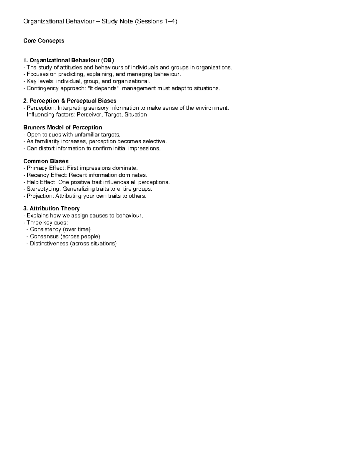 ADMS 2400 Quiz 1 Study Notes on Organizational Behaviour Concepts - Studocu