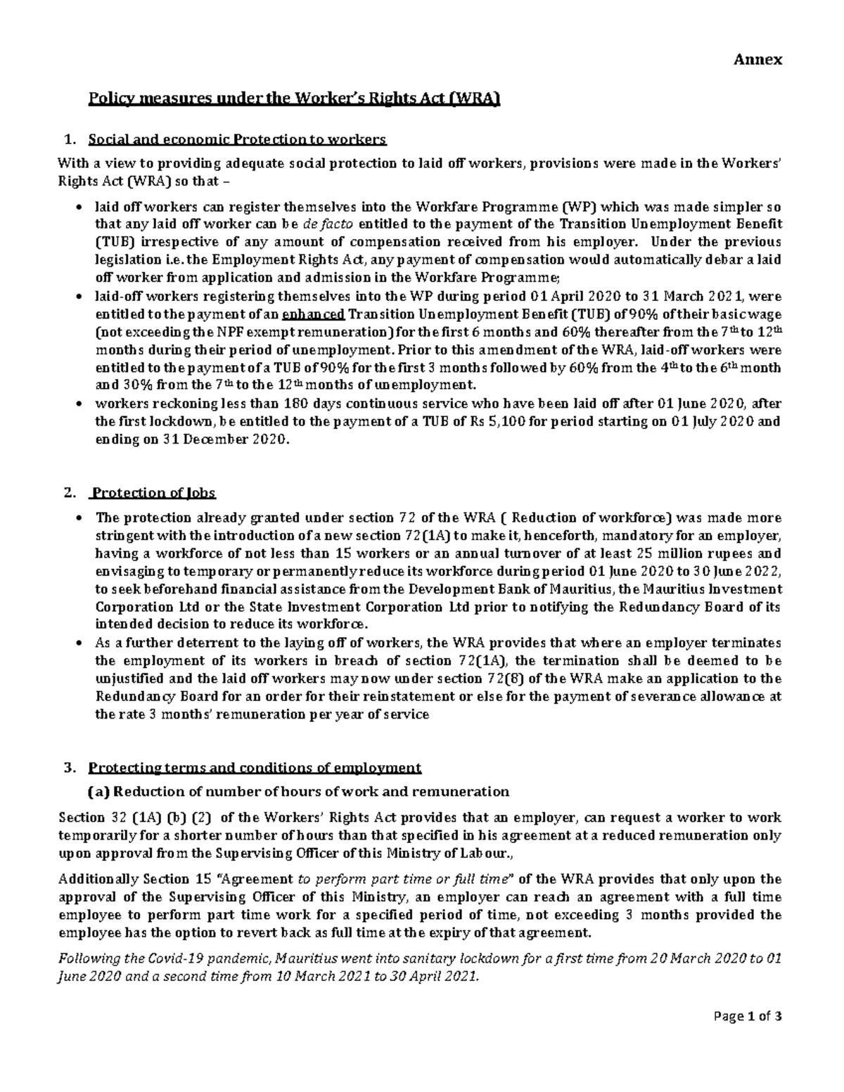 WRA Policy Measures: Social Protection & Job Security for Workers - Studocu