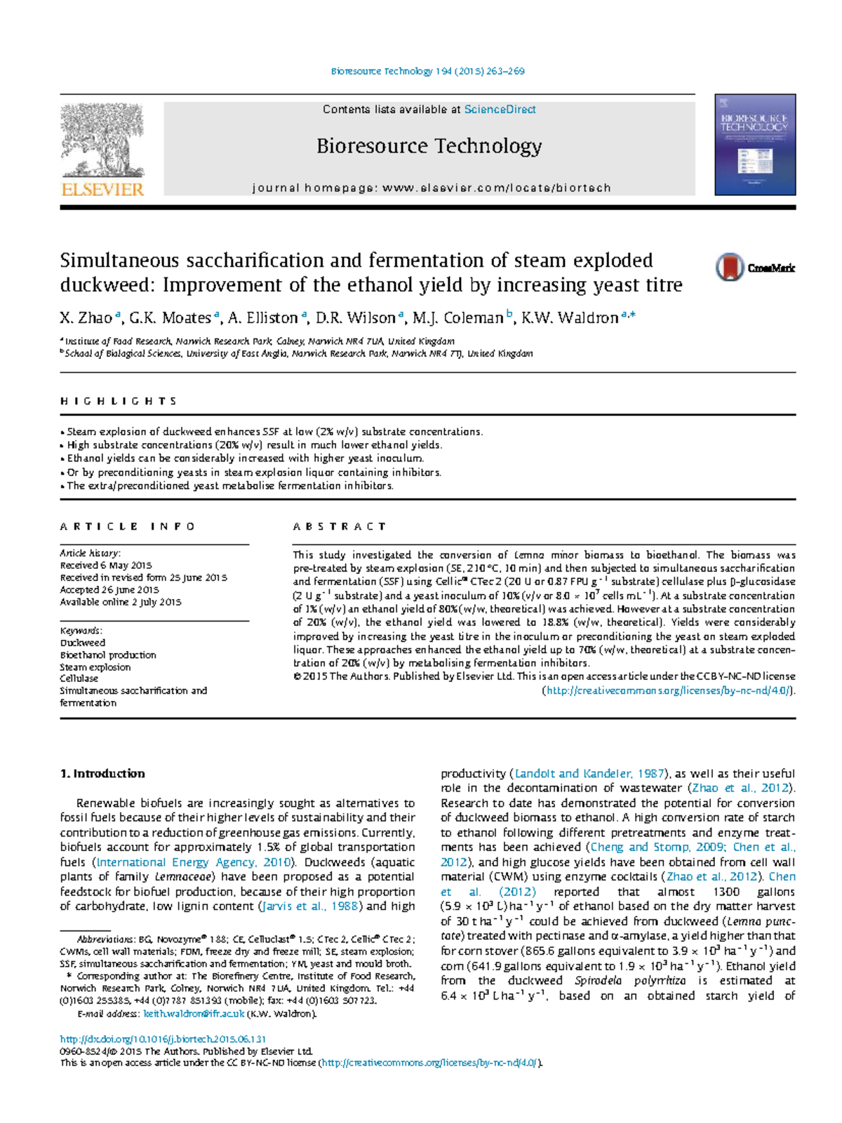 2015 Bioresource Technology: Enhancing Ethanol Yield from Duckweed via ...