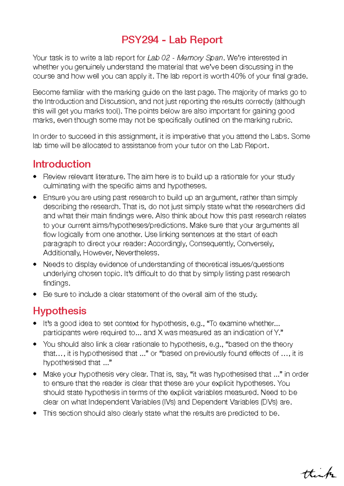 PSY294 Lab Report Guidelines: Memory Span Analysis - Studocu