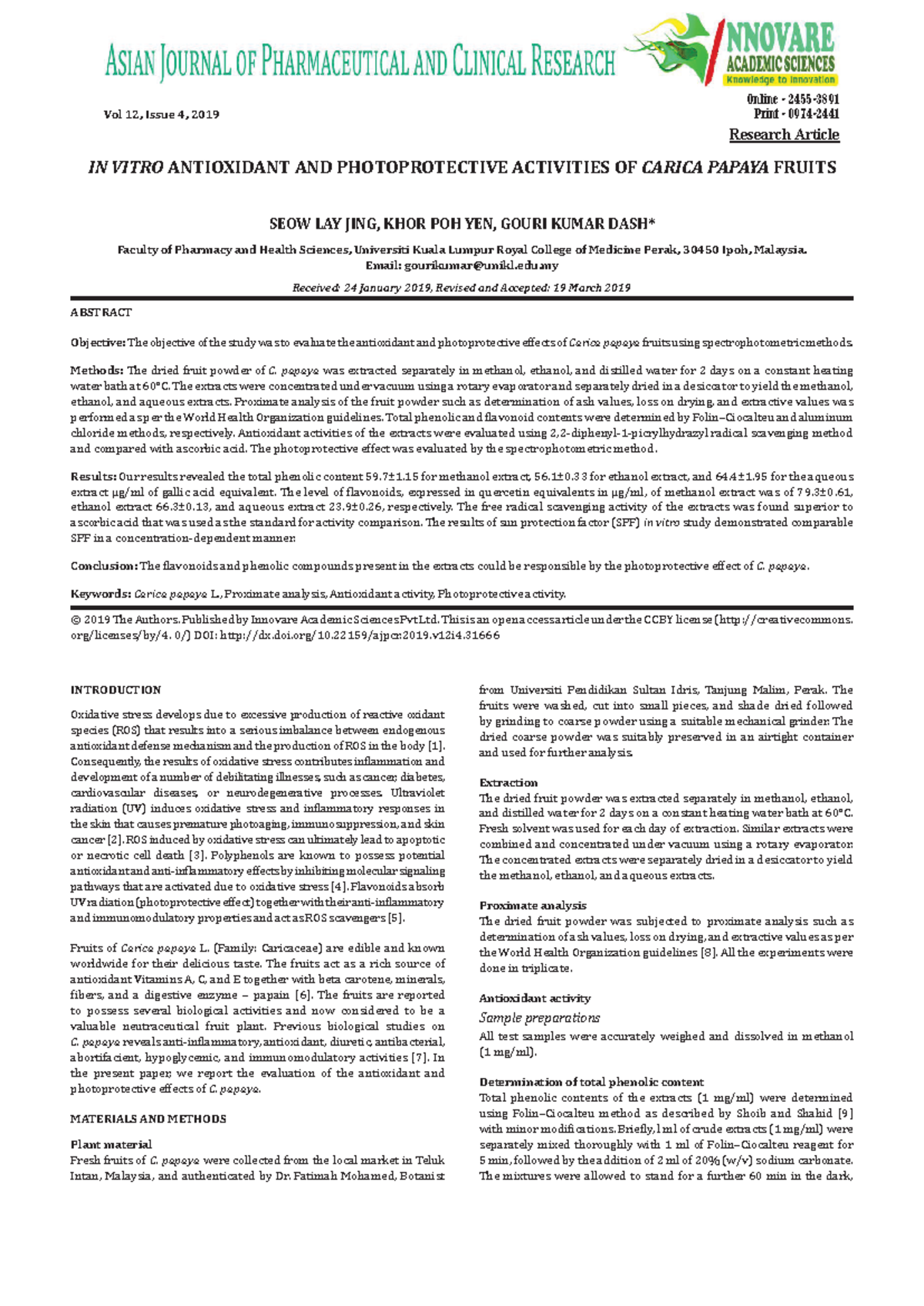 In Vitro Antioxidant and Photoprotective - Vol 12, Issue 4, 2019 Online ...