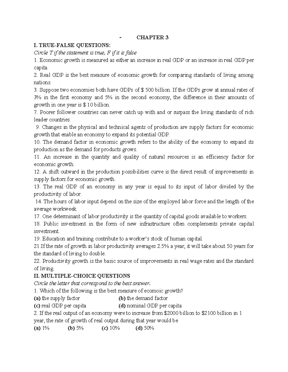 Chapter 3 - Exercises on Economic Growth Concepts - Studocu