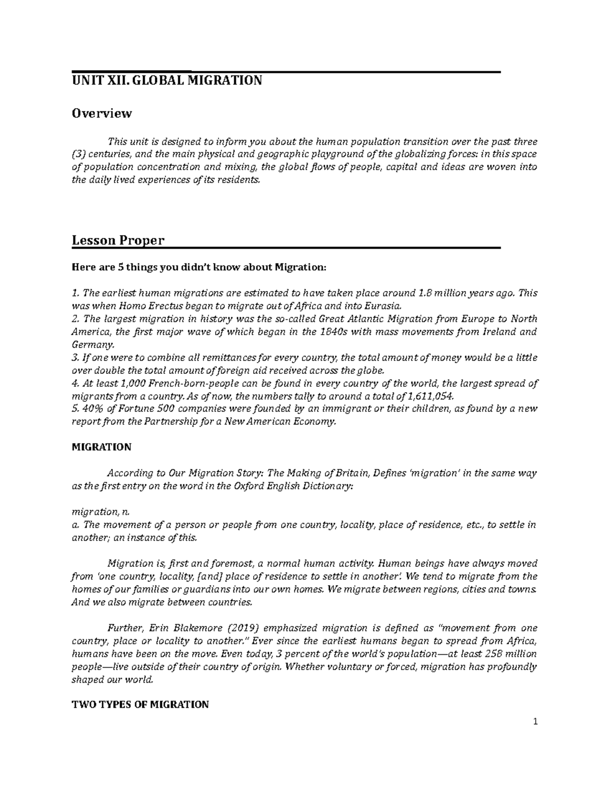 UNIT XII Global Migration - UNIT XII. GLOBAL MIGRATION Overview This ...