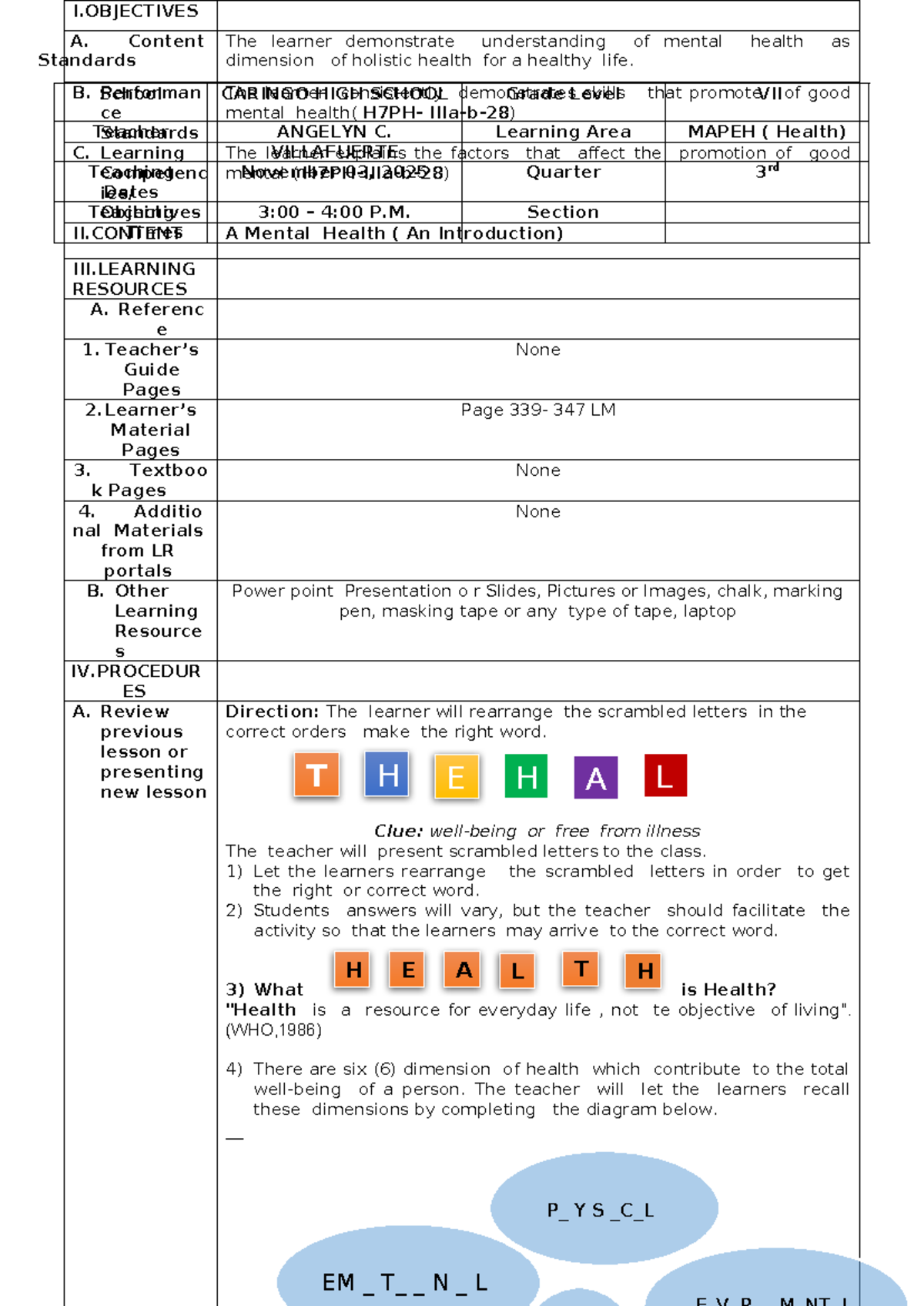 DLP Q3 2025: Detailed Lesson Plan on Mental Health Education - Studocu