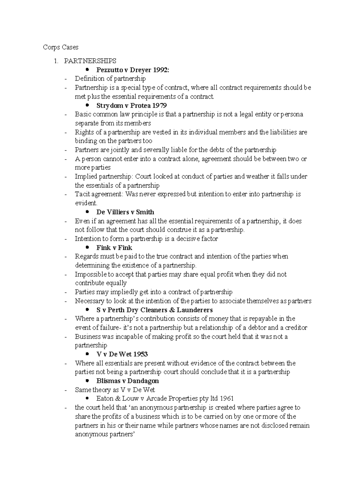 Corps Cases 1: Partnership Law Case Summaries and Key Principles - Studocu
