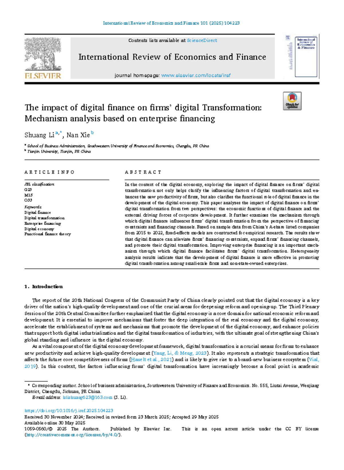The Impact of Digital Finance on Digital Transformation: A Study (IREF ...