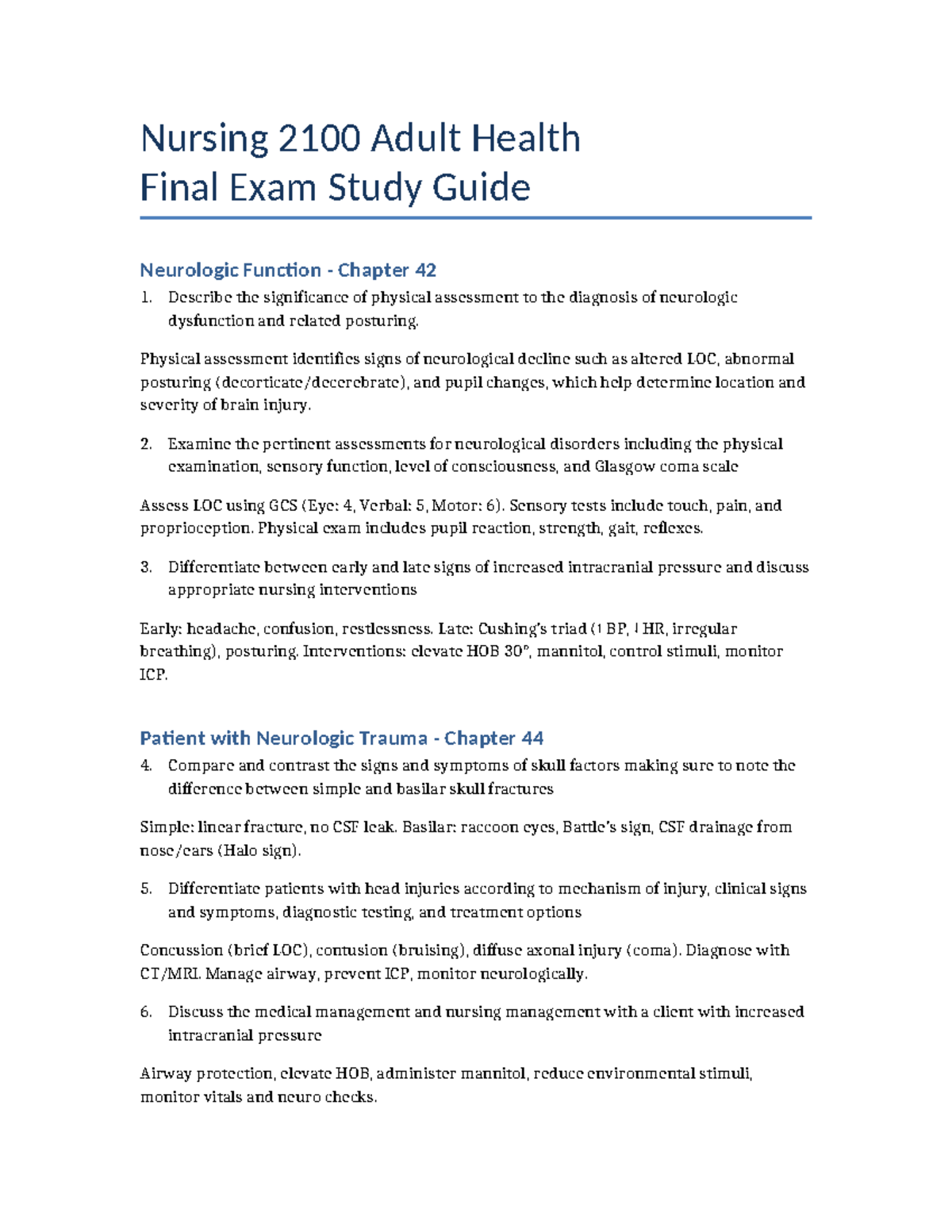 Nursing 2100 Adult Health Final Exam Study Guide - Neurology & Cardiac ...