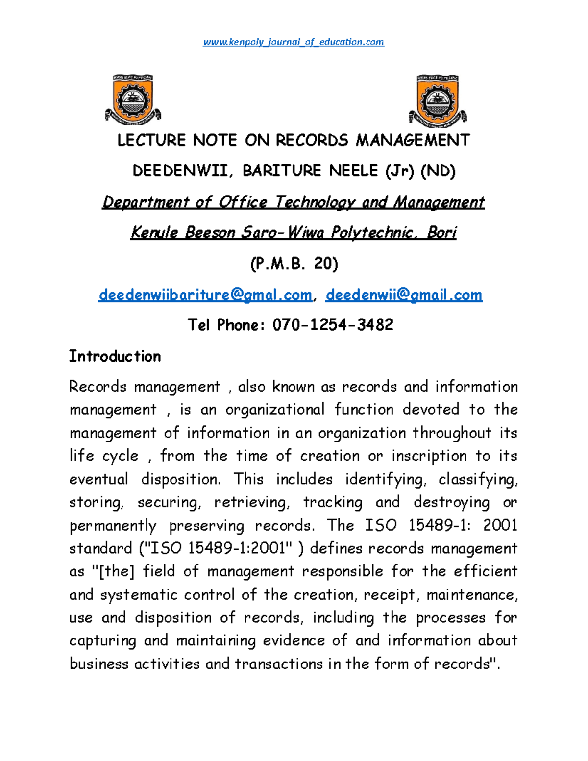 Lecture Note on Records Management (ND) - Key Concepts & Practices ...