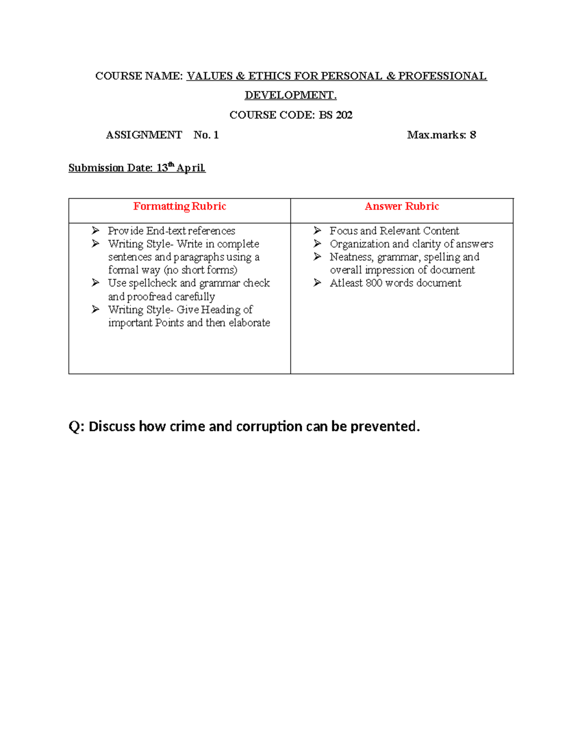 Assignment 1 - evs - COURSE NAME: VALUES & ETHICS FOR PERSONAL ...