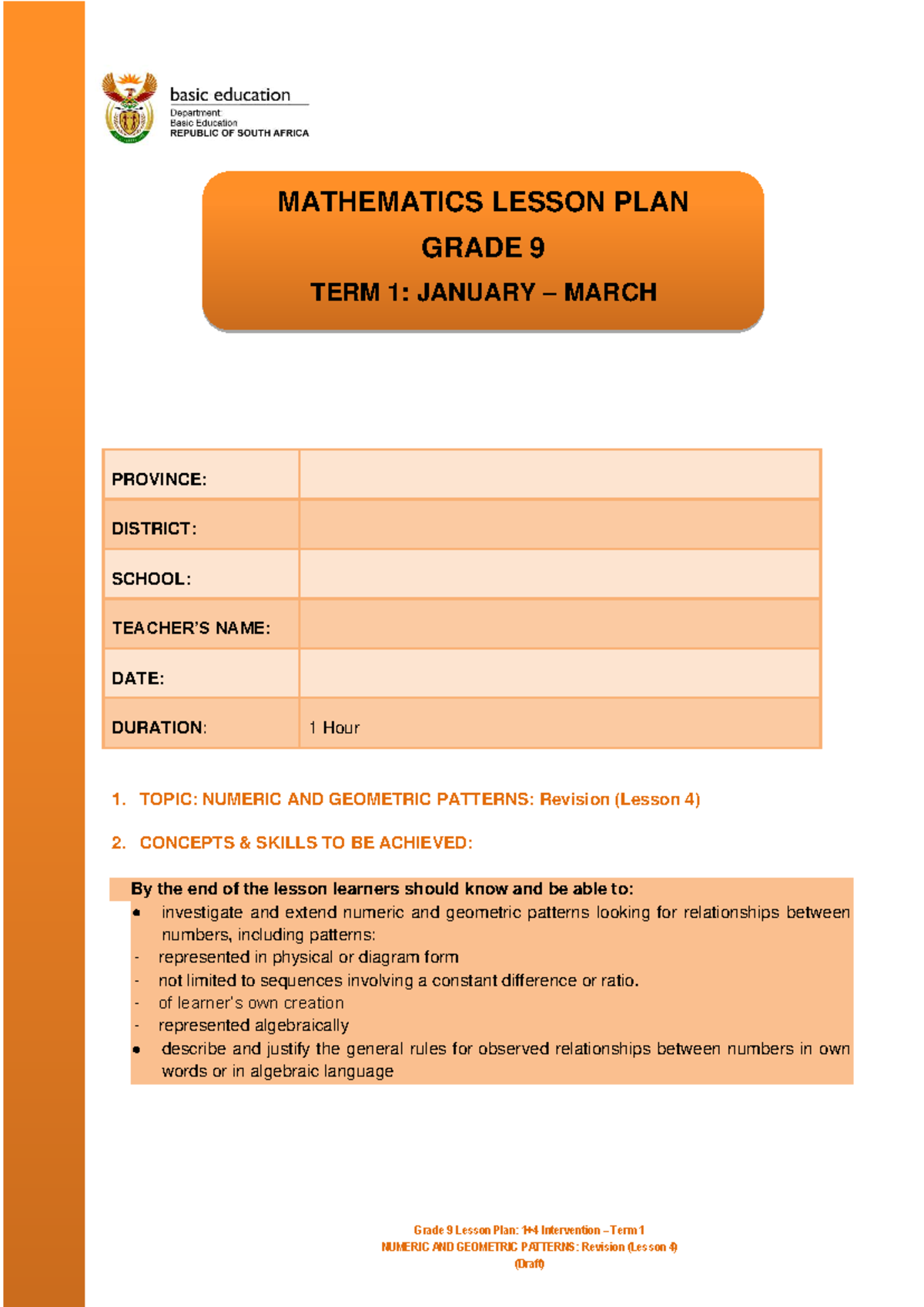 Grade 9 Mathematics Lesson Plan: Numeric & Geometric Patterns (Term 1 ...