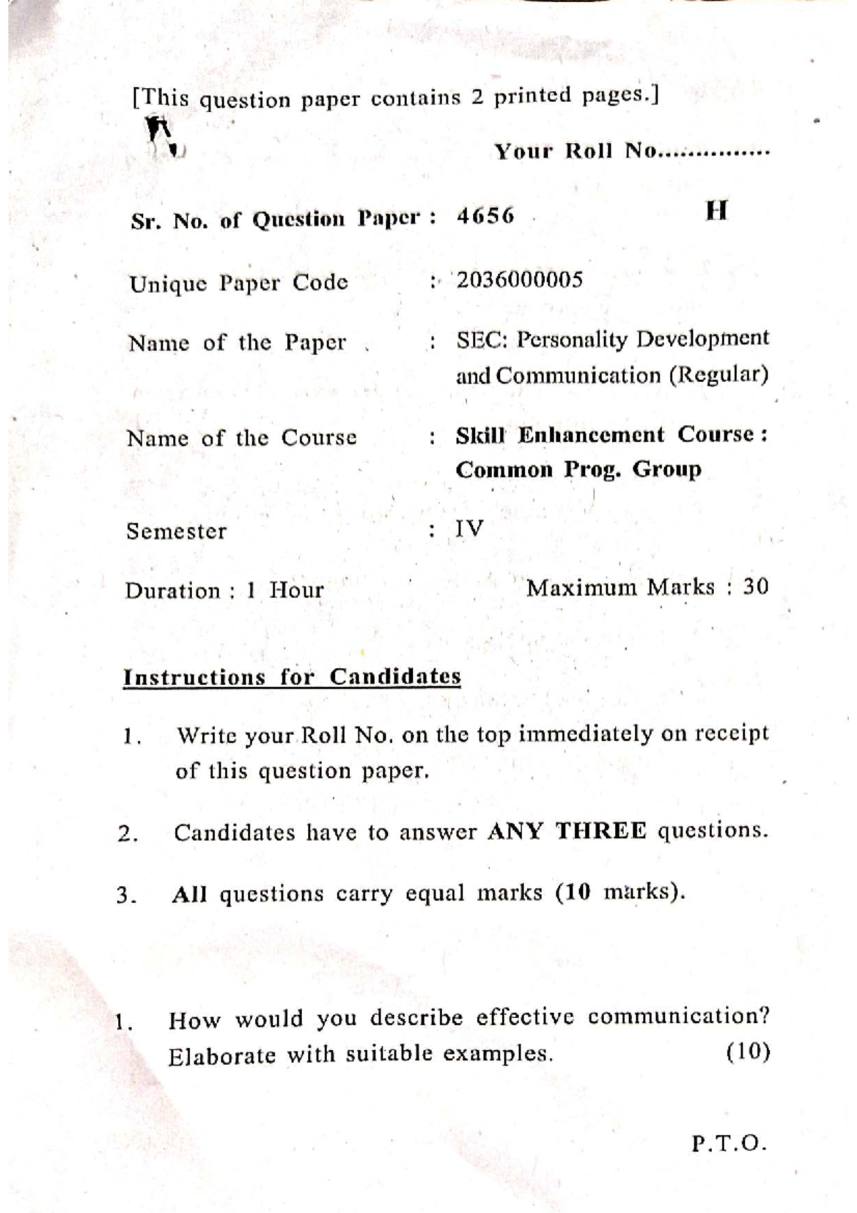 SEC: Personality Development and Communication - Question Paper 2024 ...