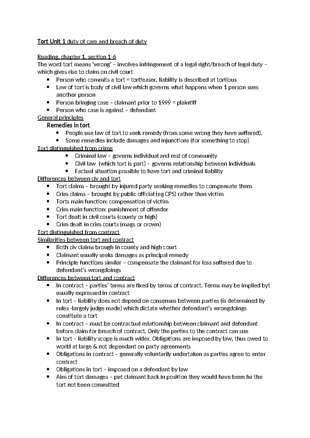 Unit 1: Duty of Care and Breach of Duty in Tort Law - Studocu