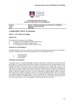 Plastic Processing lab sheet - PIM - Manufacturing Processes Lab MEM564 ...