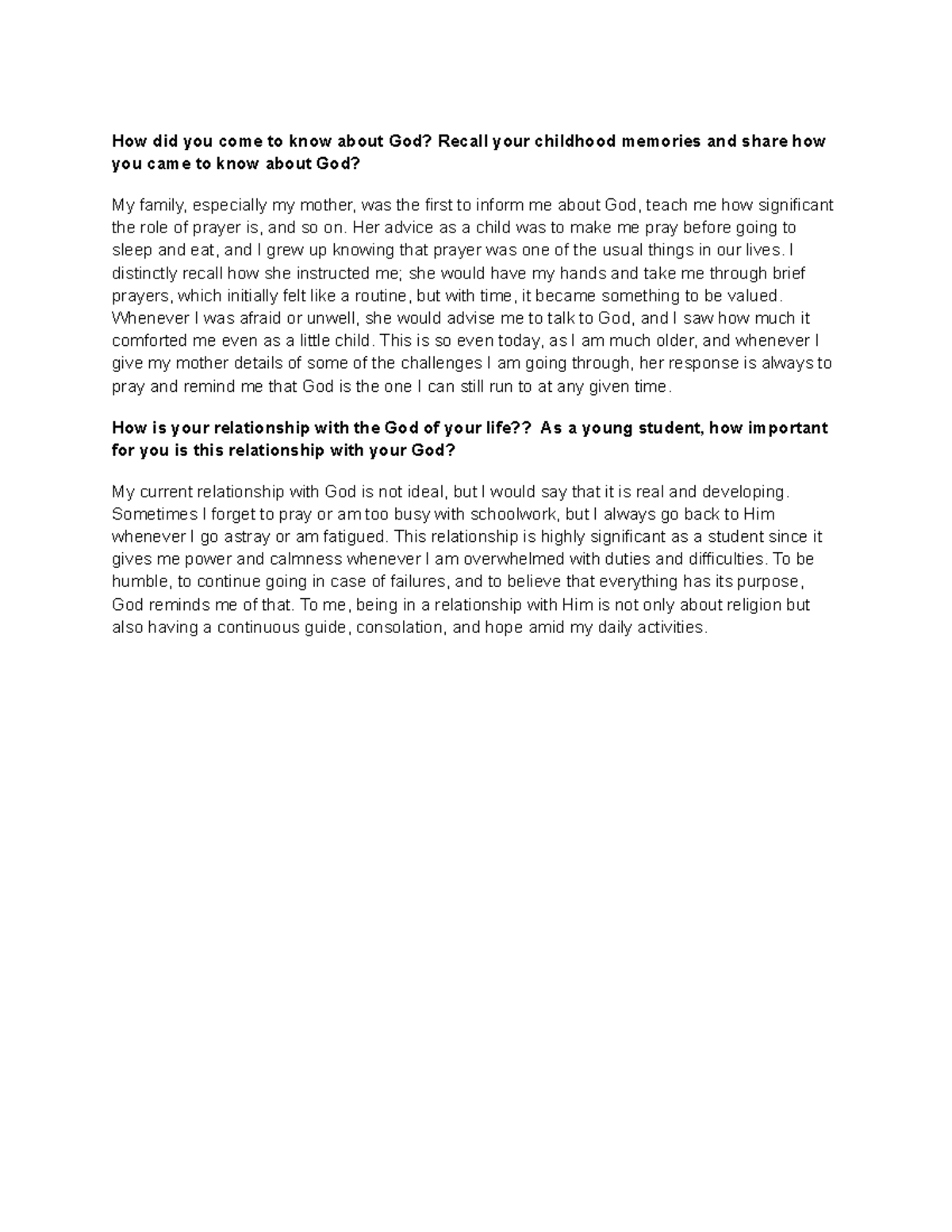 Reflection No. 1: My Journey to Knowing God - Studocu