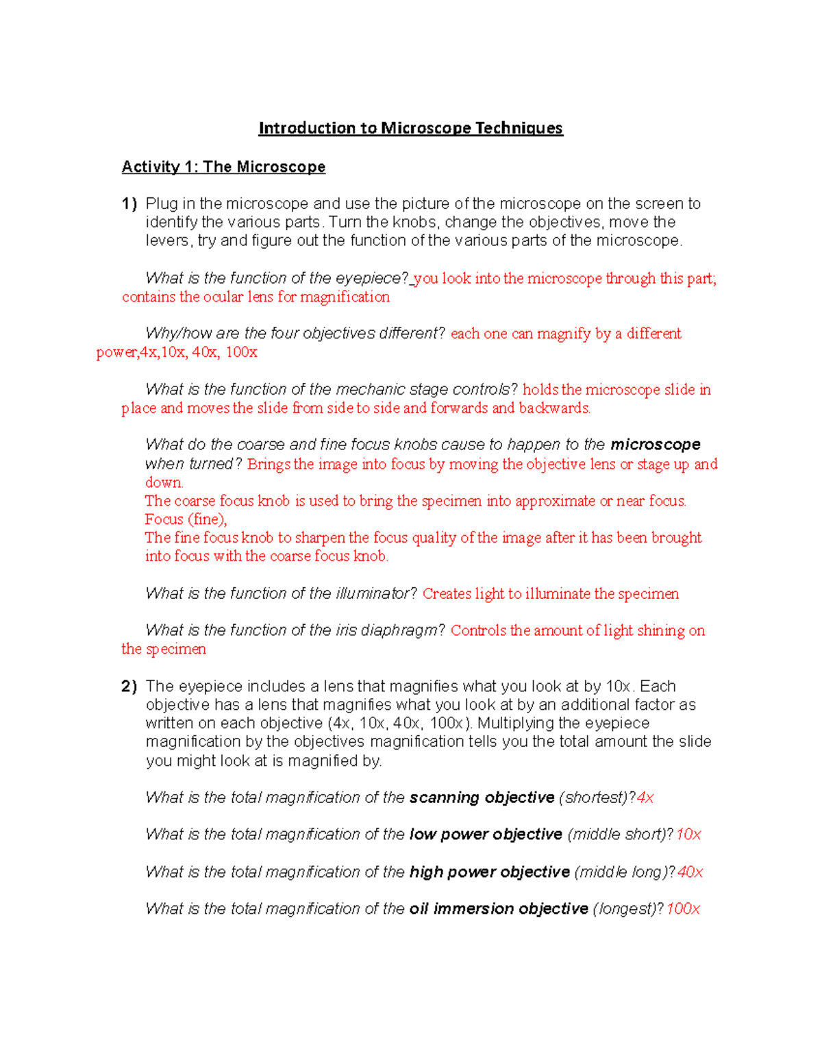 Introduction to Microscope Techniques - Lab Guide for Science 101 - Studocu