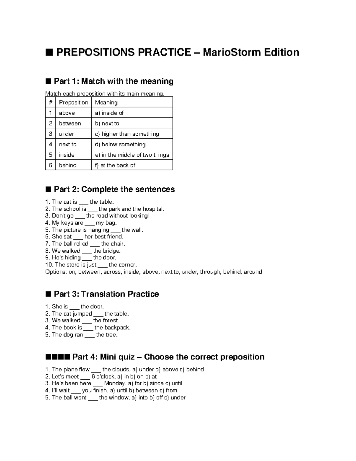 Prepositions Practice (ENG 101): Meaning Matching & Exercises - Studocu