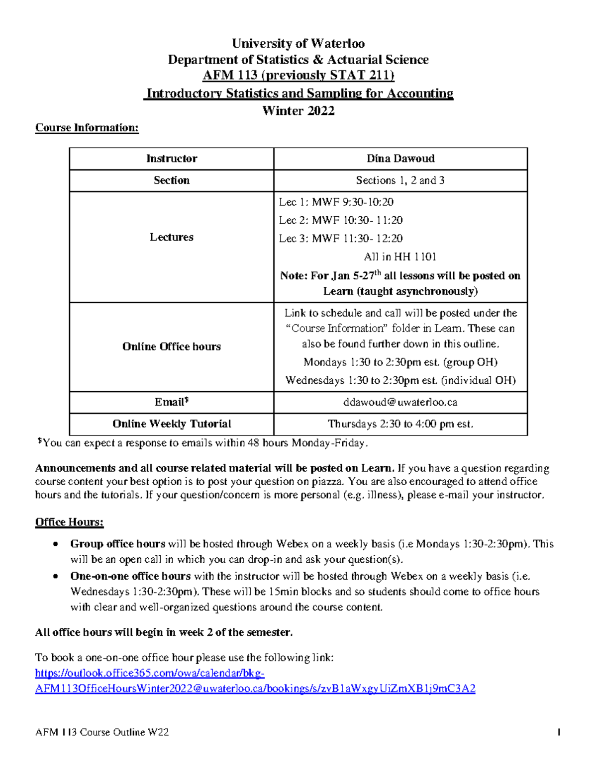 AFM 113 Course Outline - Introductory Statistics - Winter 2022 - Studocu