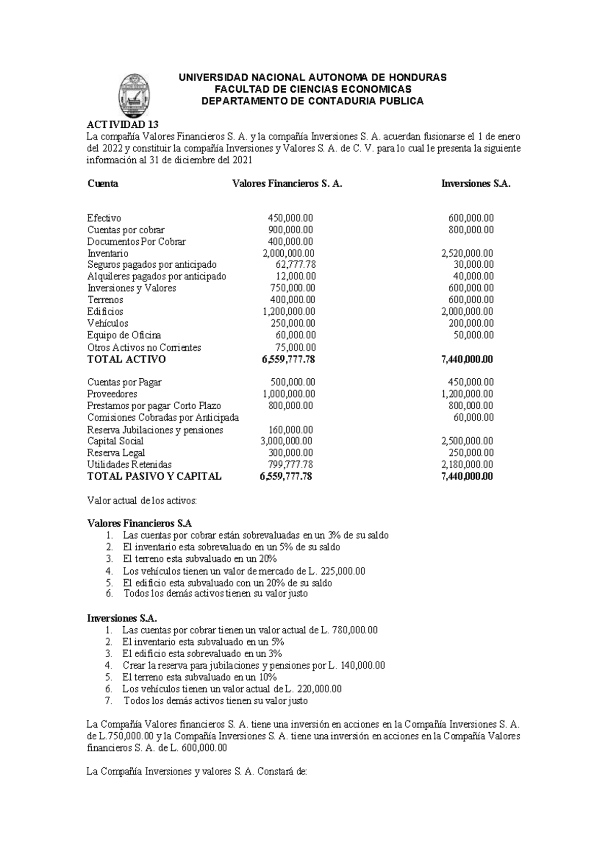Contabilidad 3 - Actividad 13: Fusión de Valores Financieros e Inversiones S.A. - Document Preview