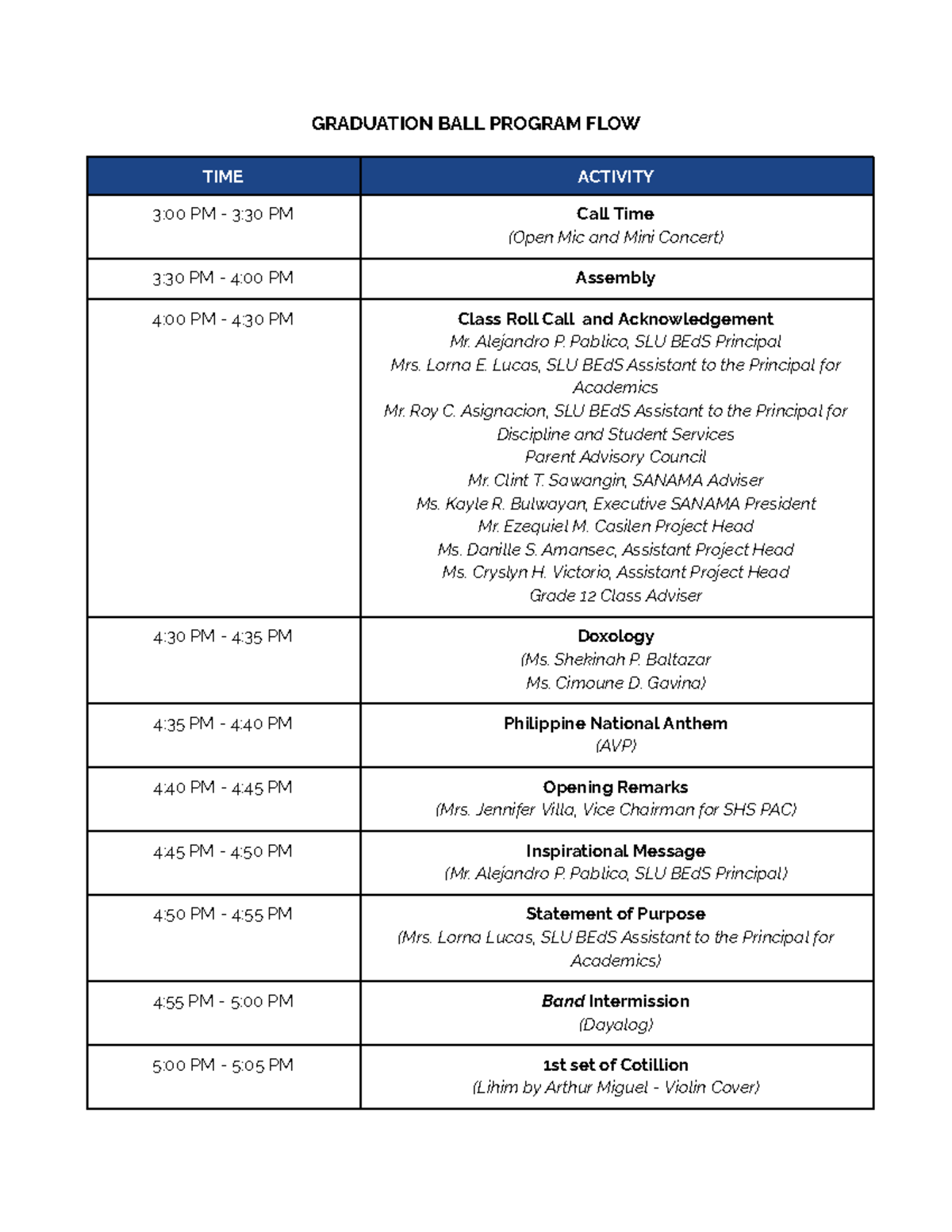 Yes na yes for yoy - GRADUATION BALL PROGRAM FLOW TIME ACTIVITY 3:00 PM ...