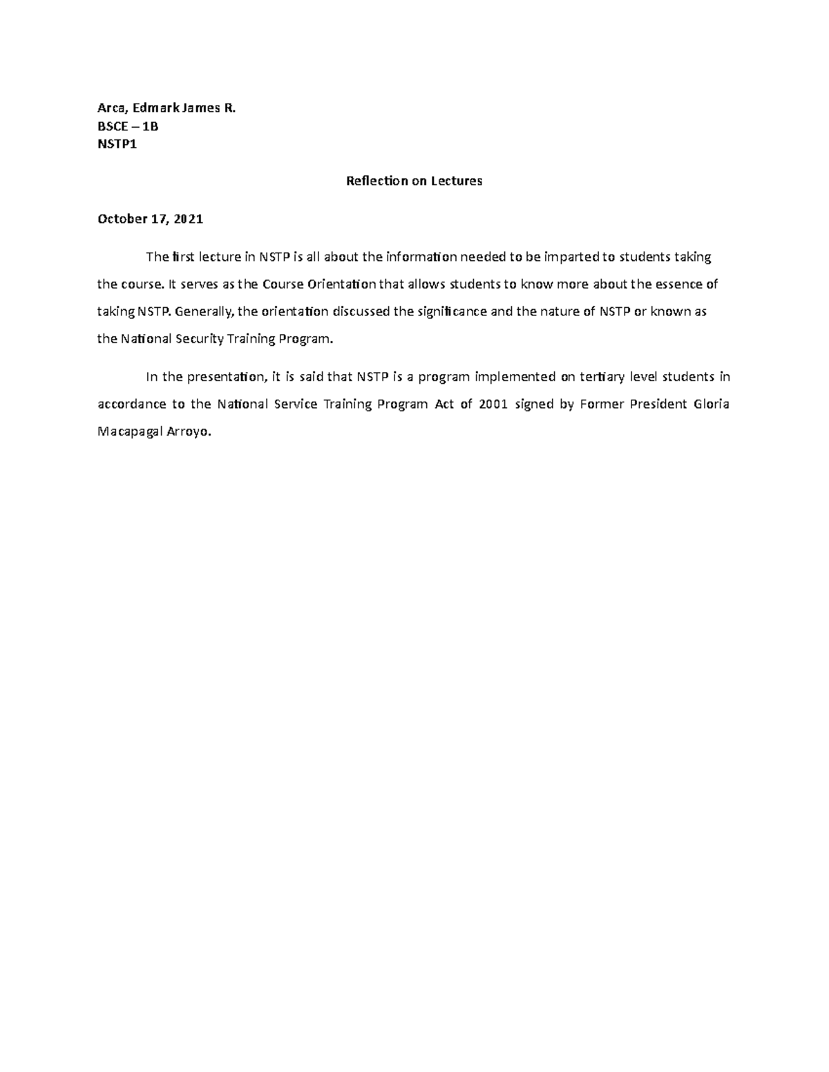 A reflection on NSTP training - Arca, Edmark James R. BSCE – 1B NSTP ...