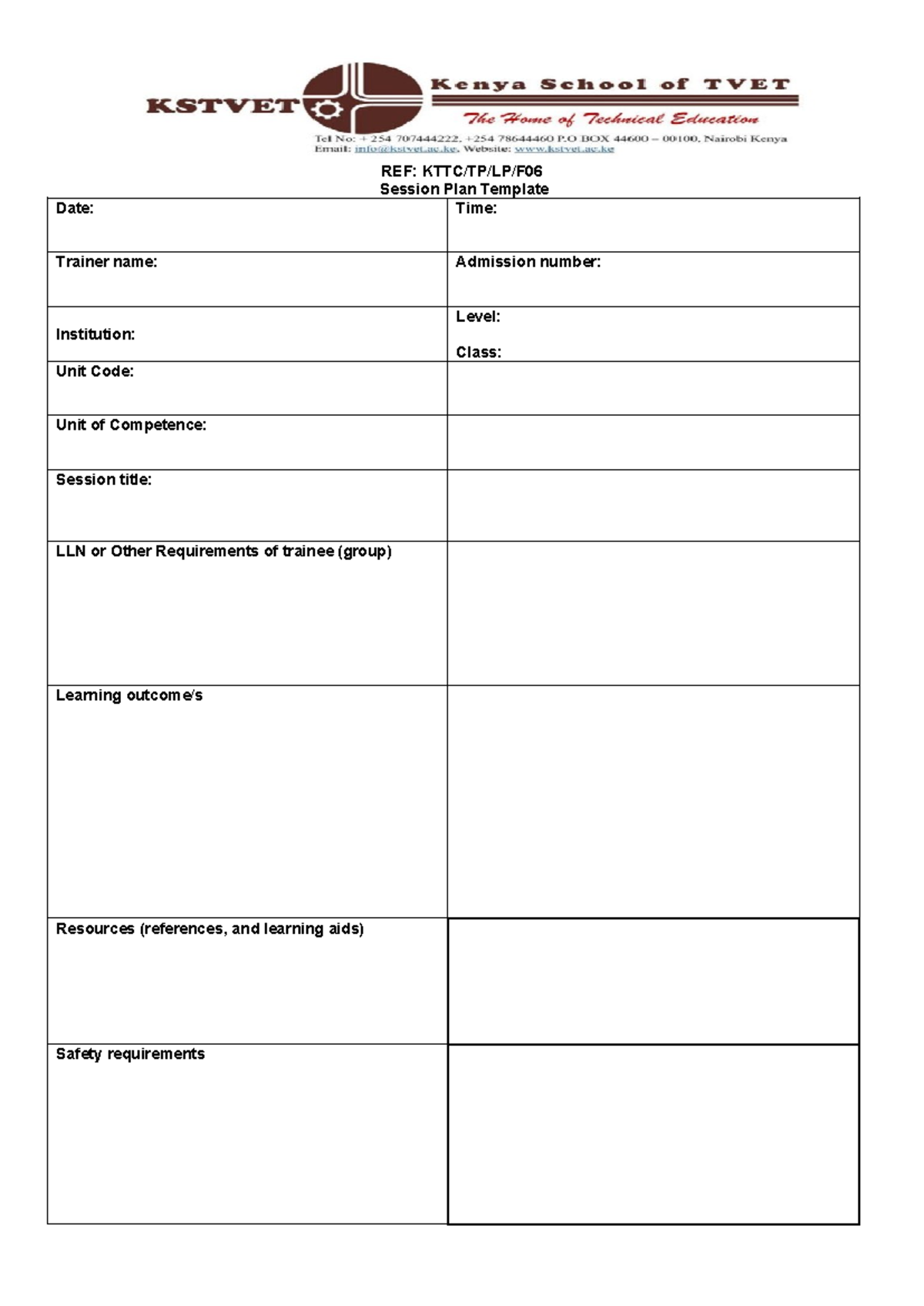 Session Plan Template - Training Methodologies - REF: KTTC/TP/LP/F ...